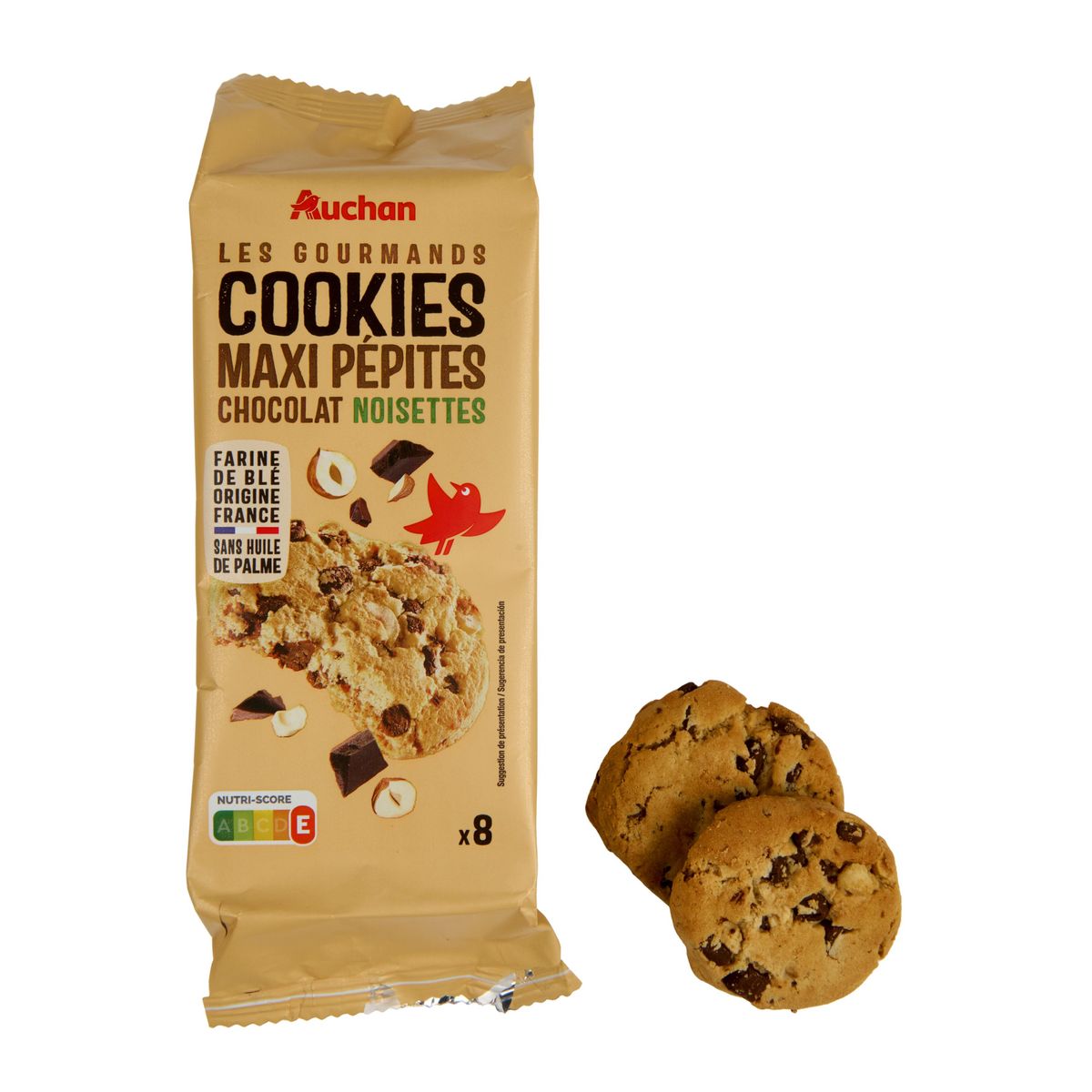 AUCHAN Les Gourmands Cookies maxi pépites chocolat noisettes 8 cookies 184g