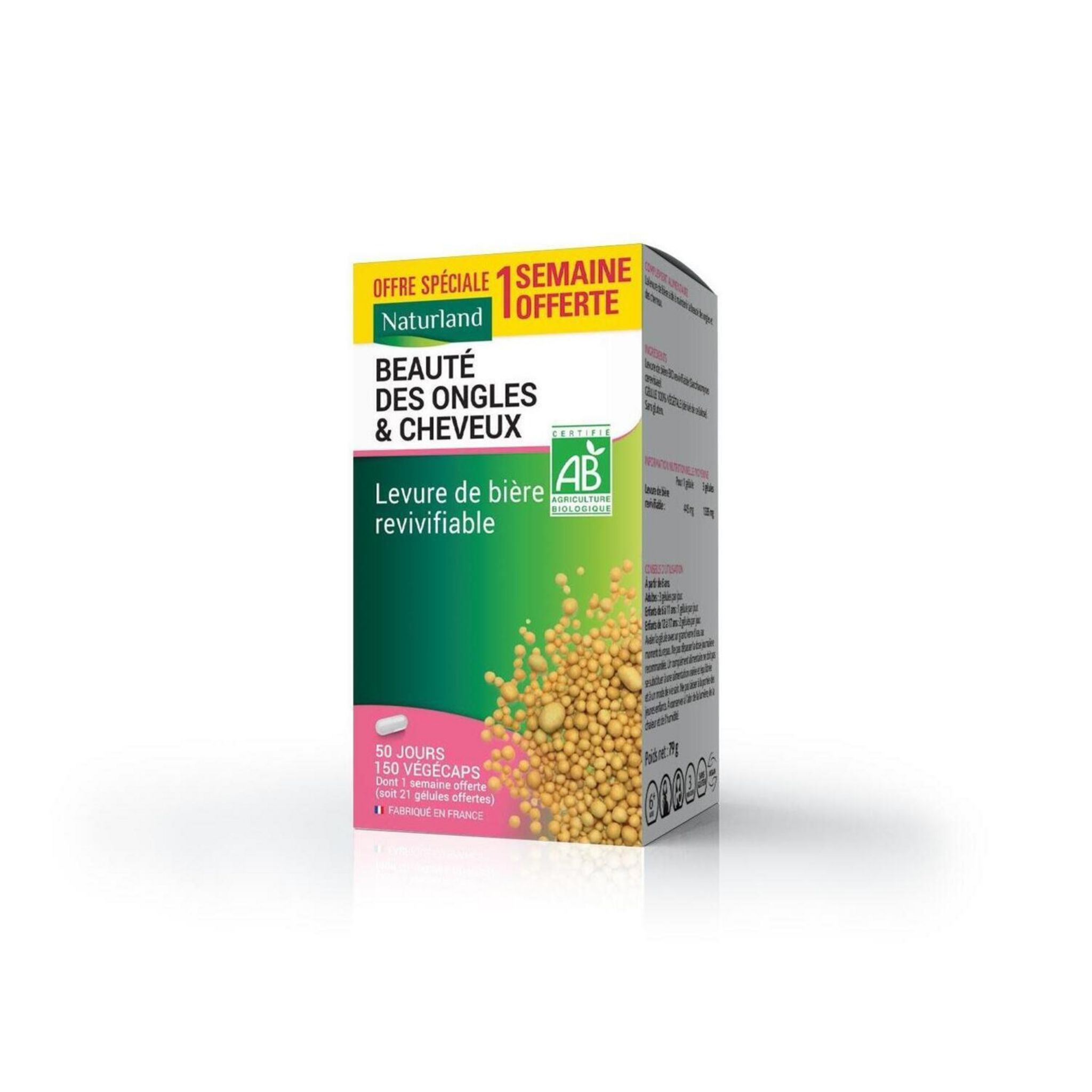 NATURLAND Complément alimentaire beauté des ongles et des cheveux à la levure de bière bio 150 végécaps
