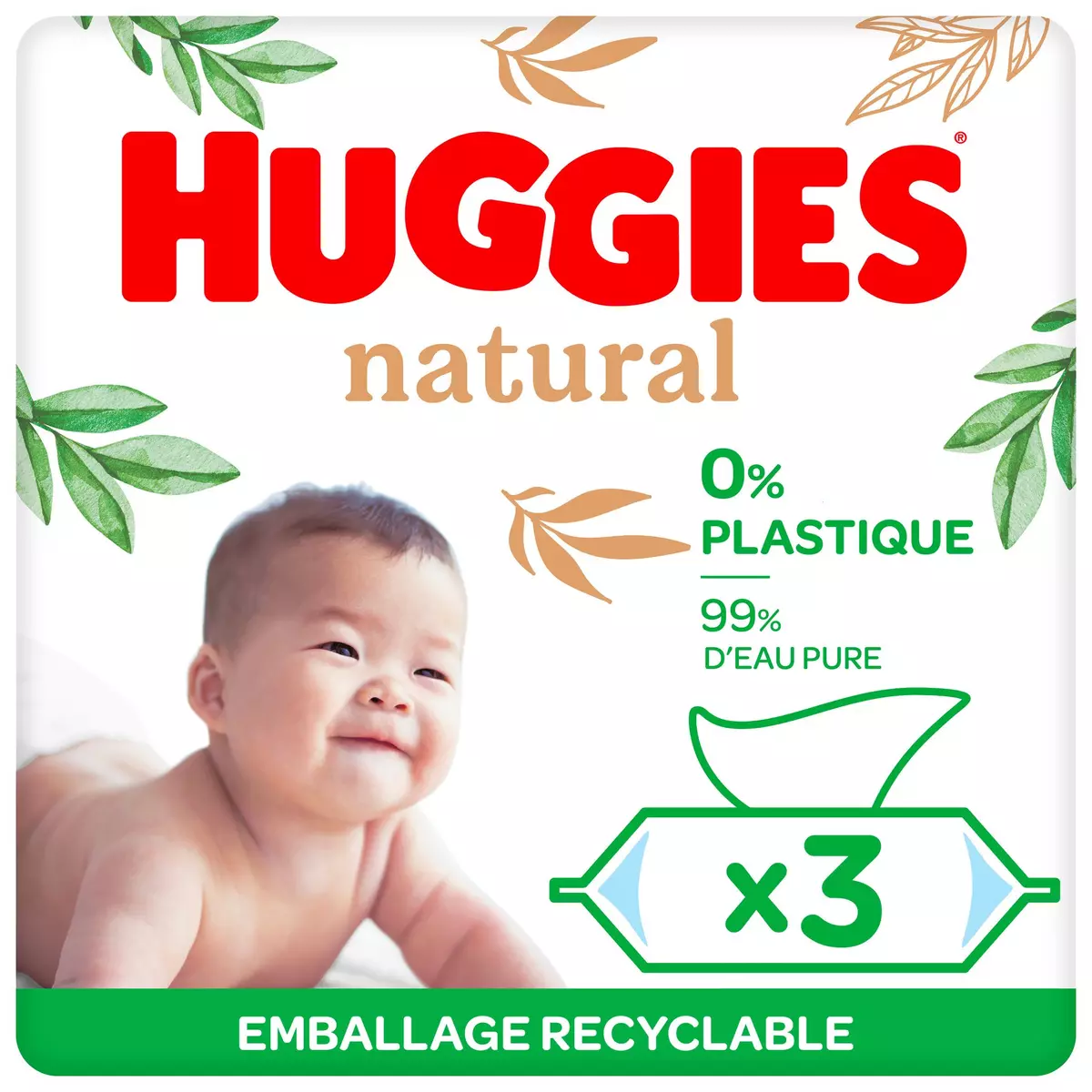 HUGGIES Lingettes naturelles pour bébé 3x48 lingettes pas cher 