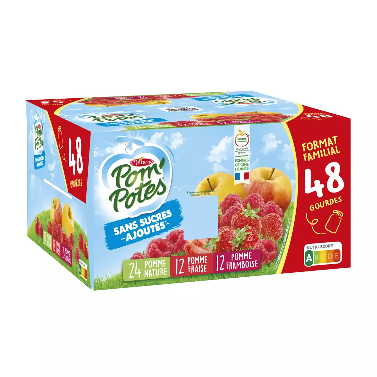 POM'POTES Gourdes pomme nature fraise framboise sans sucres ajoutés 48x90g