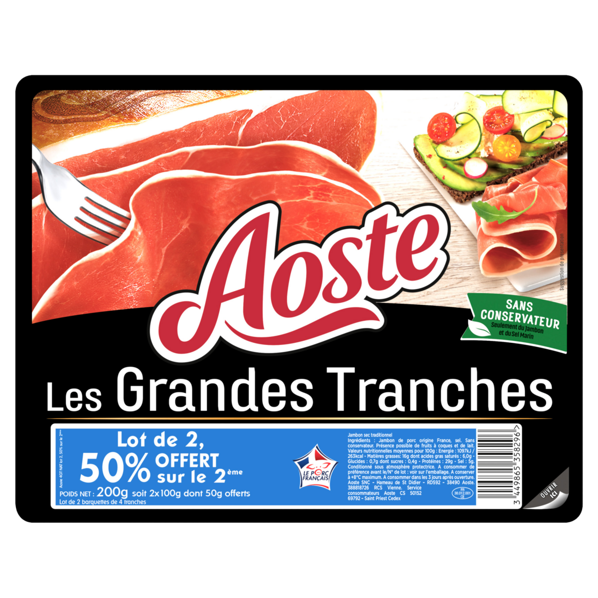 AOSTE Les grandes tranches jambon cru 8 tranches 2x100g