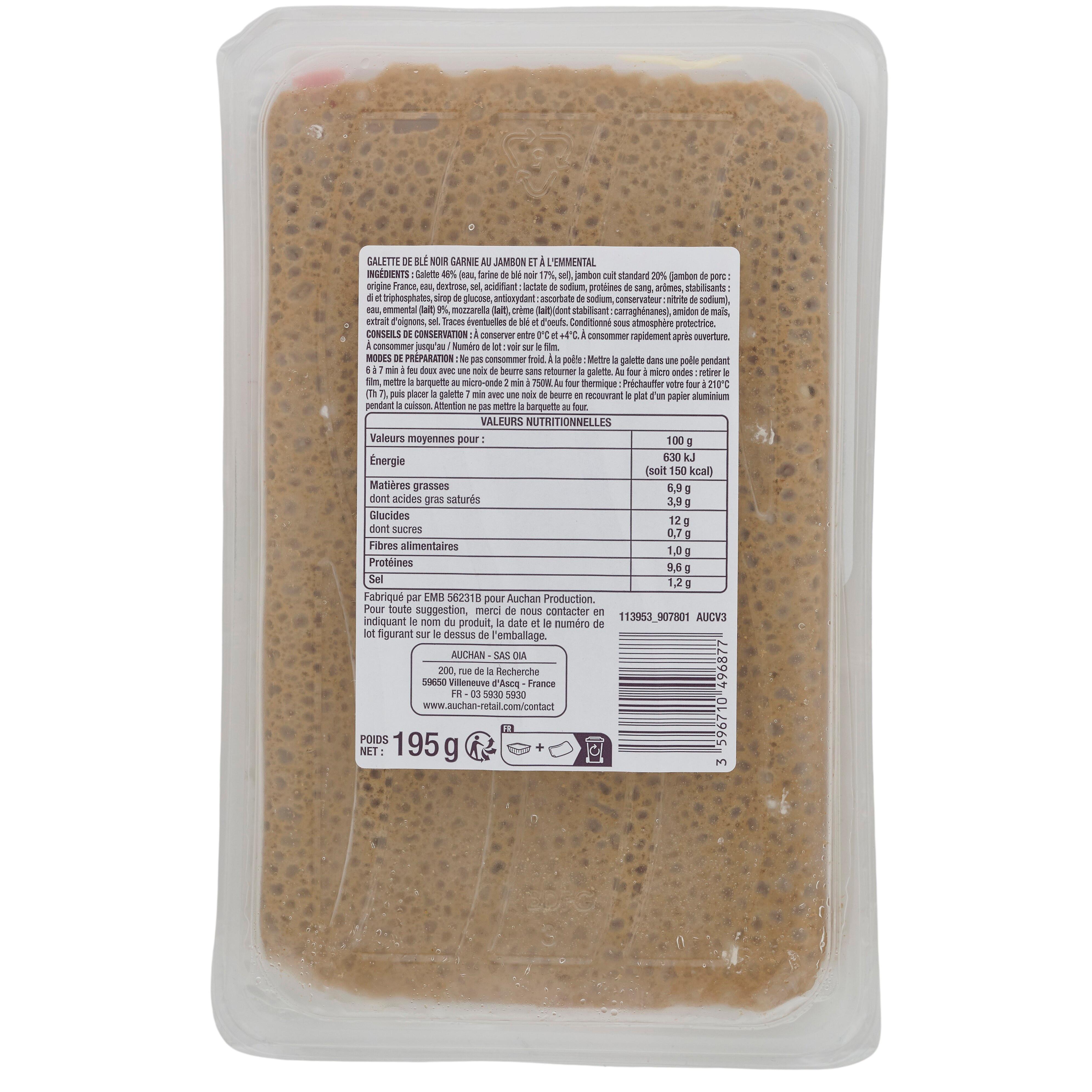 Voir la diapositive 2 : AUCHAN Galette de blé noir jambon emmental 195g