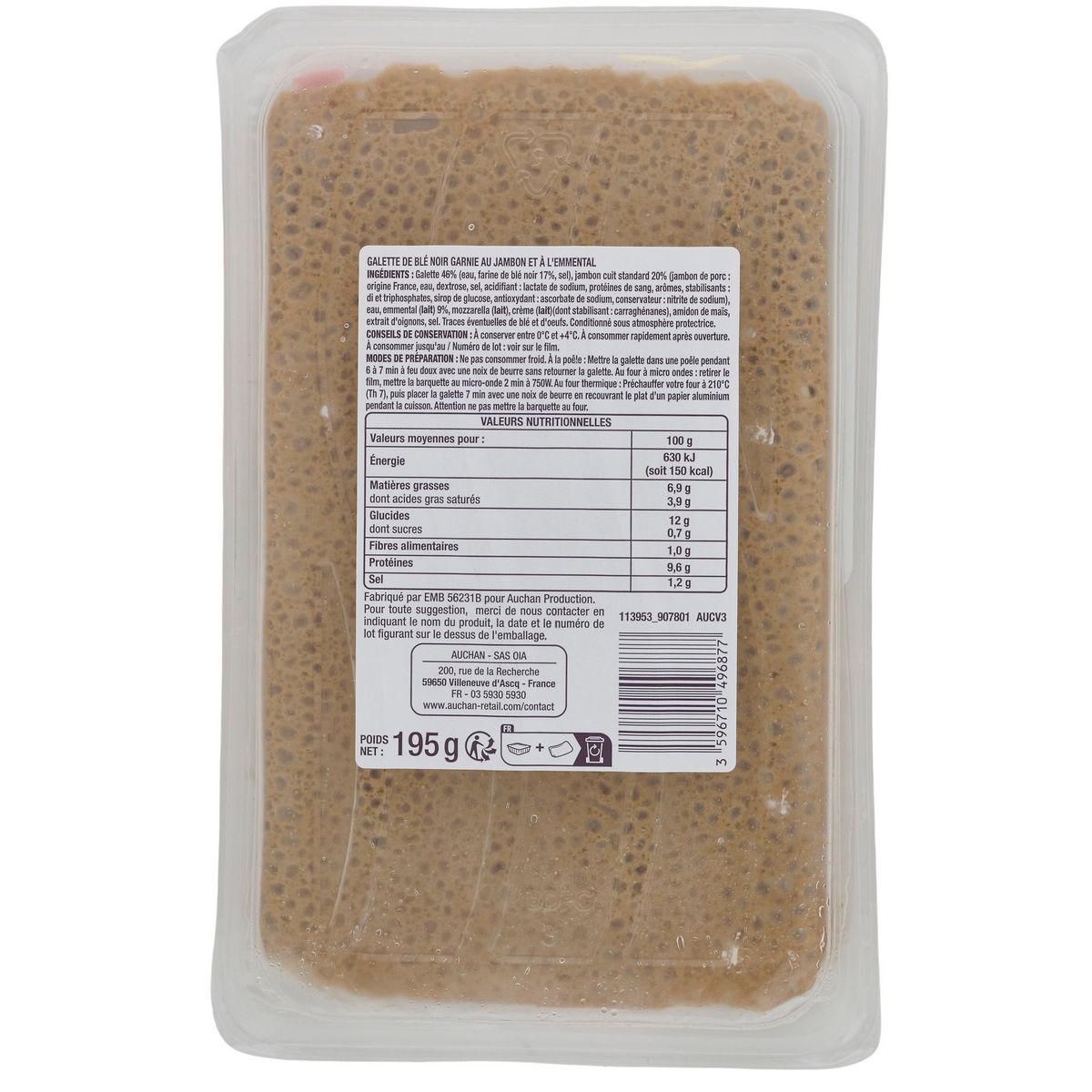 AUCHAN Galette de blé noir jambon emmental 195g