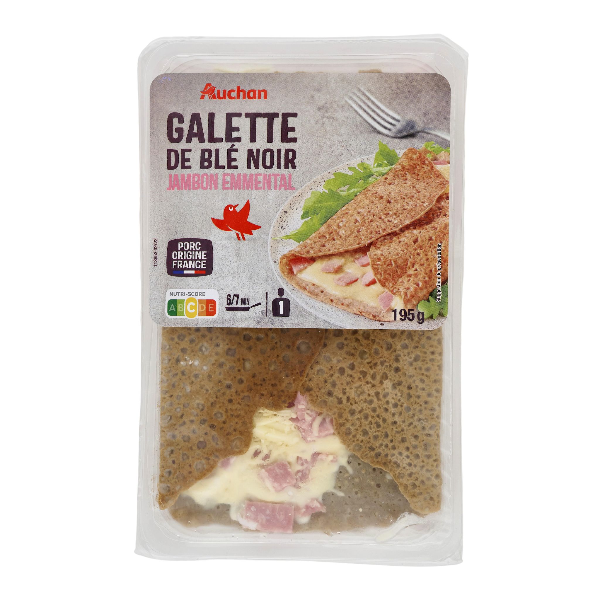 Voir la diapositive 2 : AUCHAN Galette de blé noir jambon emmental 195g