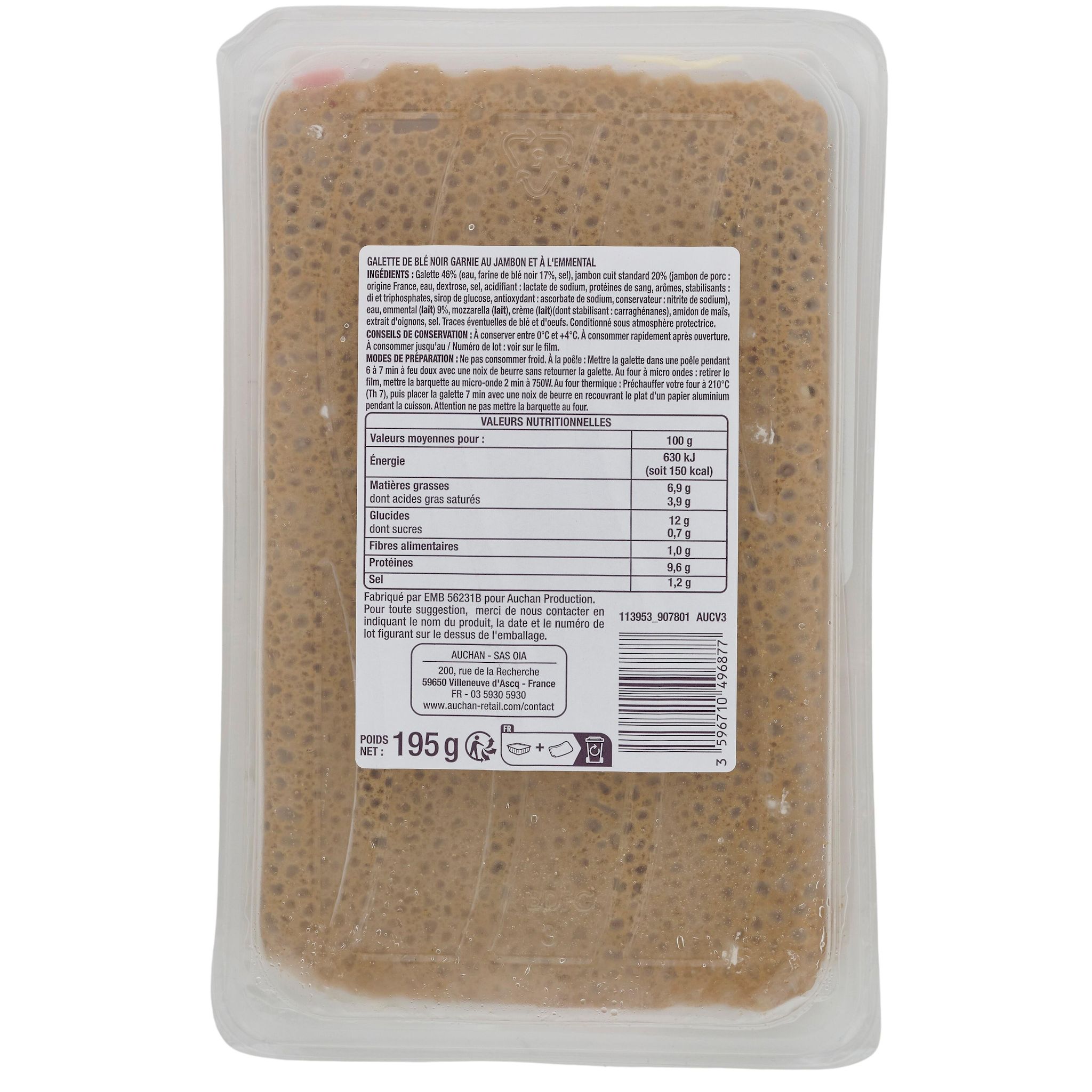 Voir la diapositive 3 : AUCHAN Galette de blé noir jambon emmental 195g