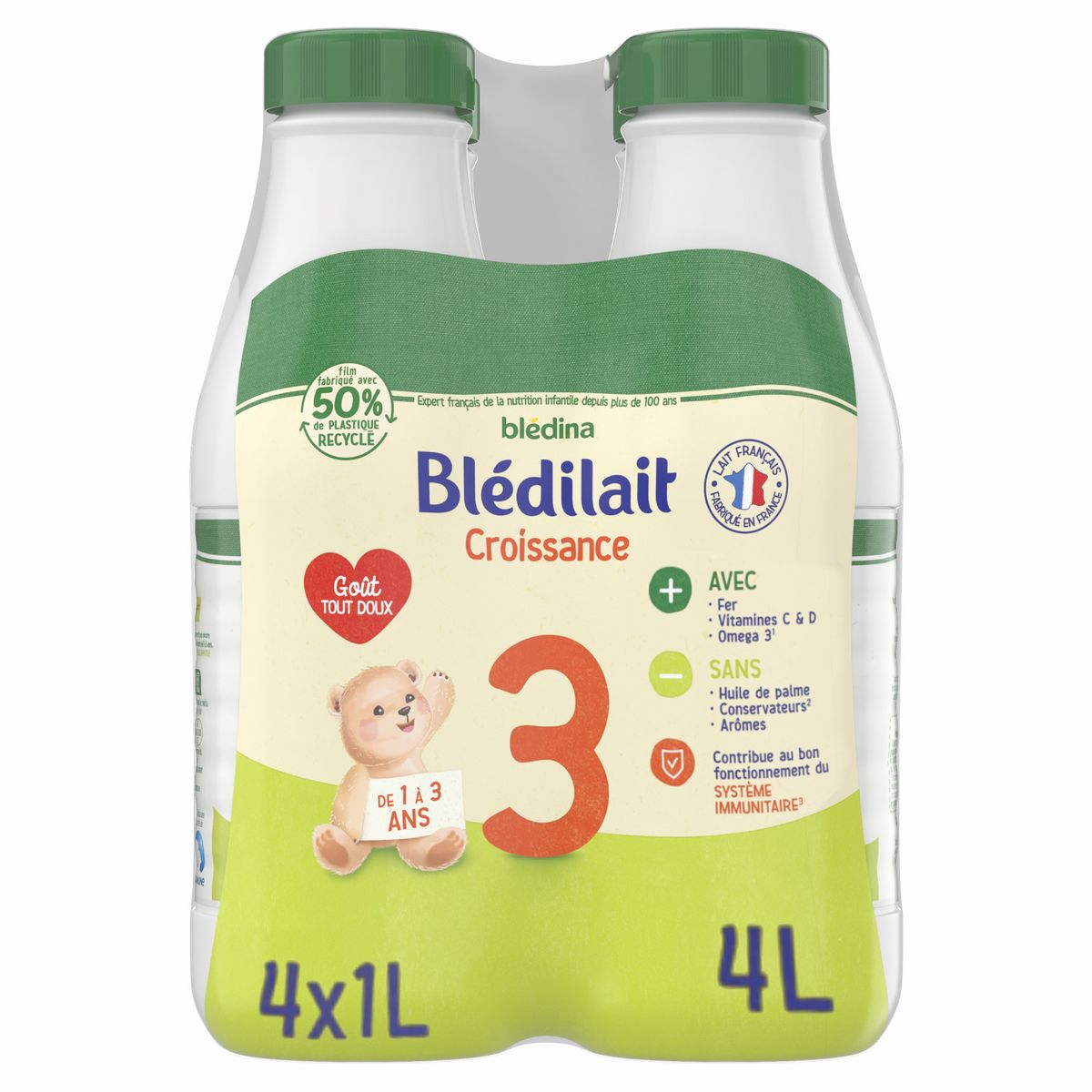 BLEDINA Blédilait 3 lait de croissance liquide dès 12 mois 4x1l