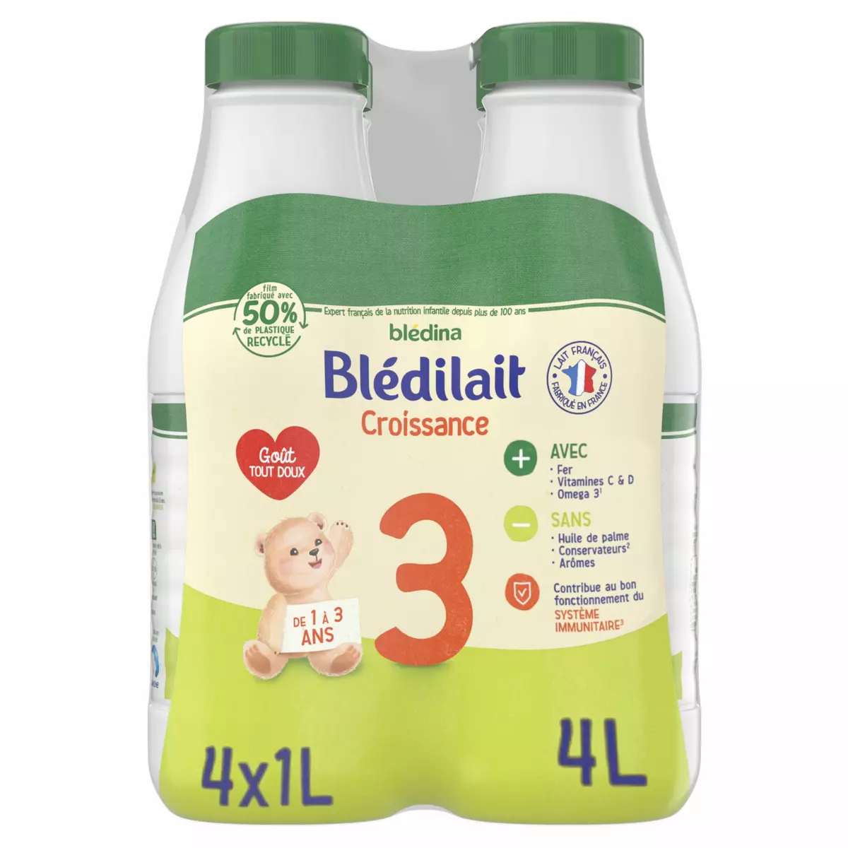 BLEDINA Blédilait 3 lait de croissance liquide dès 12 mois 4x1l