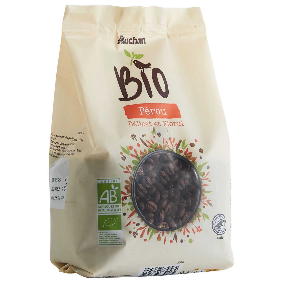 AUCHAN BIO Café en grains Pérou délicat et floral 500g
