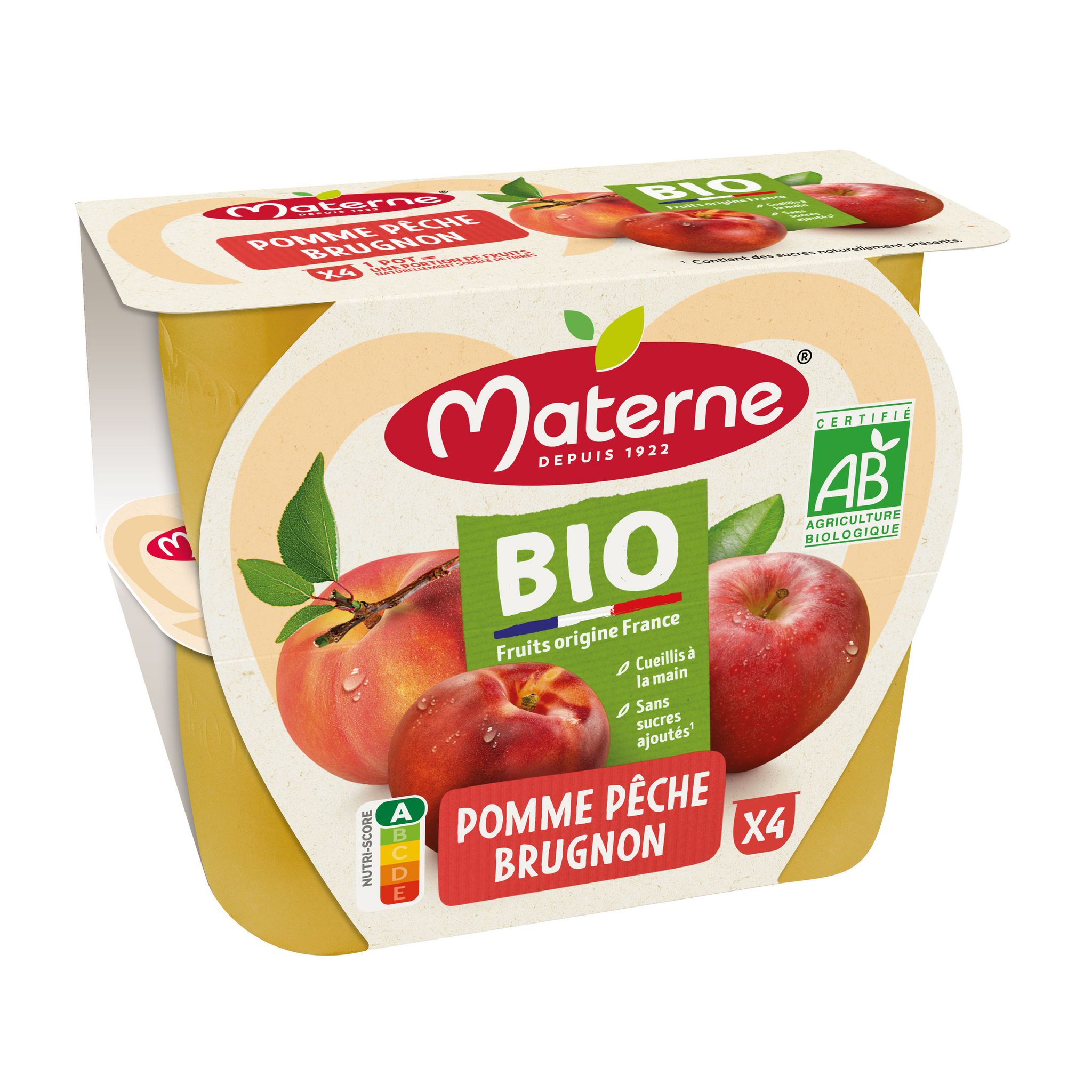 Voir la diapositive 2 : MATERNE Coupelles pomme pêche brugnon bio sans sucres ajoutés 4 coupelles 4x100g