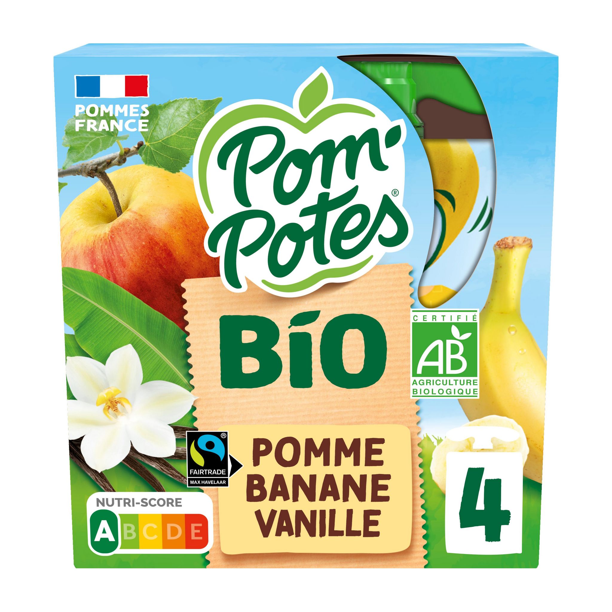 POM'POTES Gourdes bio compotes de pomme banane vanille 4 gourdes 4x90g