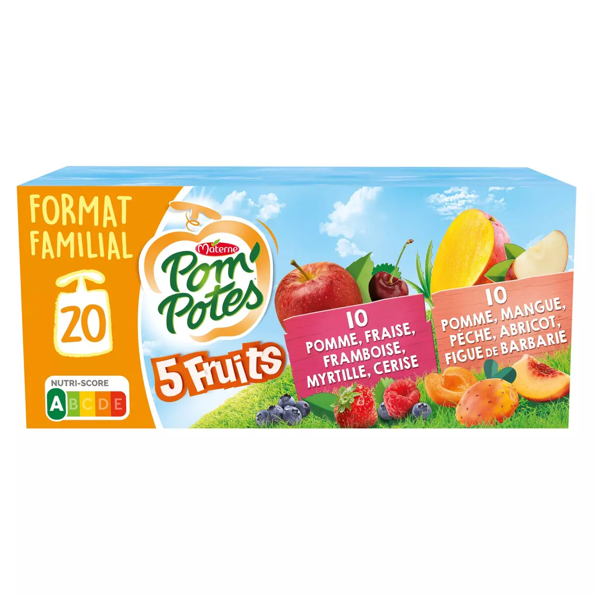 POM'POTES Gourdes compote 5 fruits pomme fraise framboise myrtille cerise et pomme mangue pèche abricot figue de Barbare 1080g