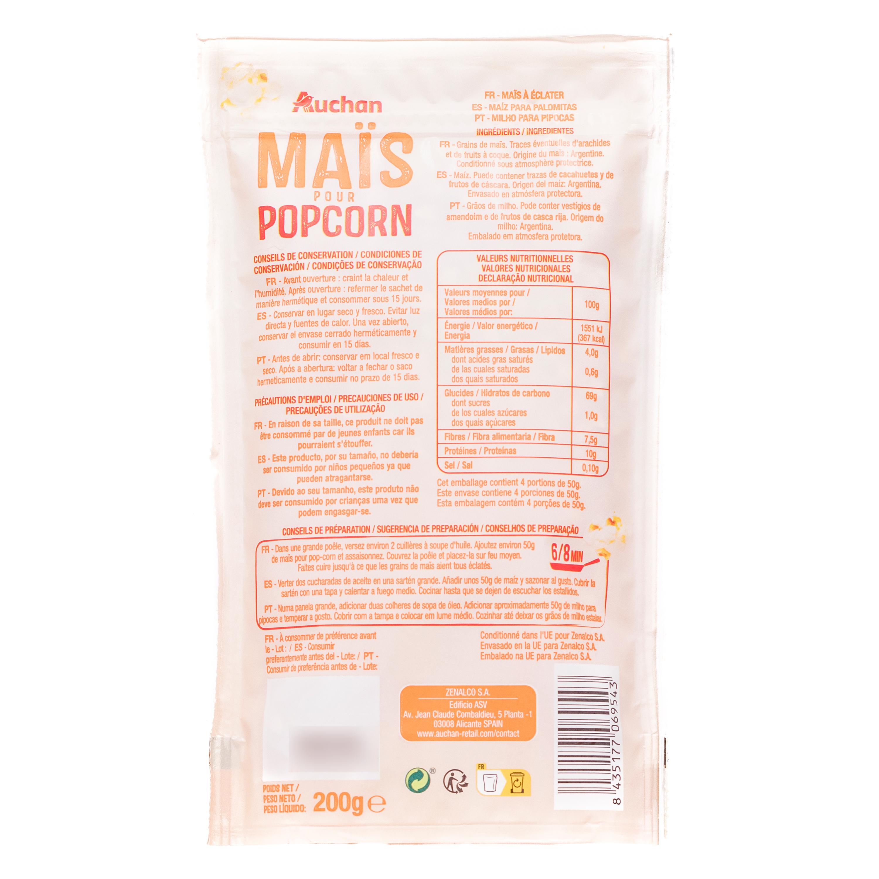 Voir la diapositive 2 : AUCHAN Maïs pour popcorn 200g