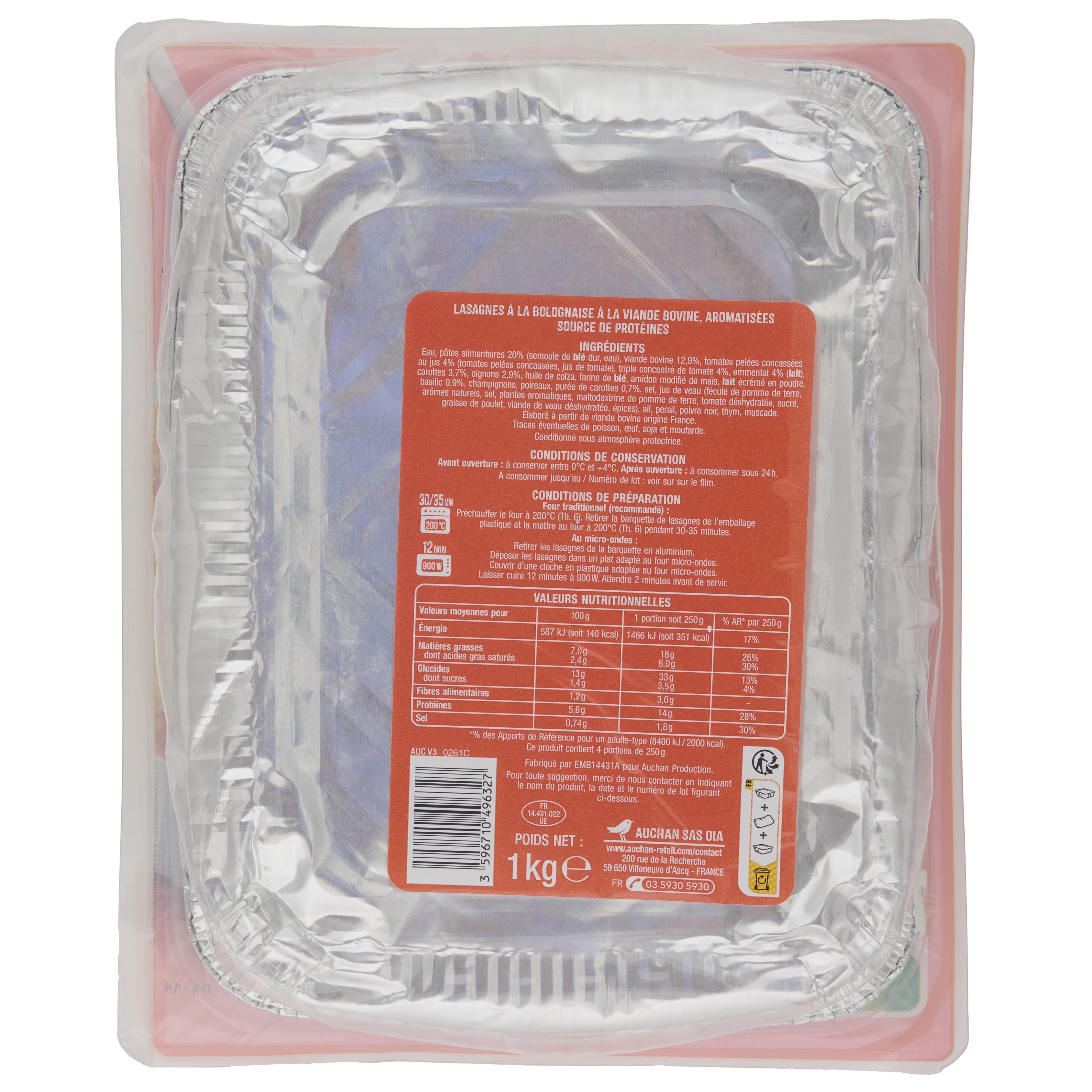 Voir la diapositive 2 : AUCHAN Lasagnes à la bolognaise 4 parts 1kg