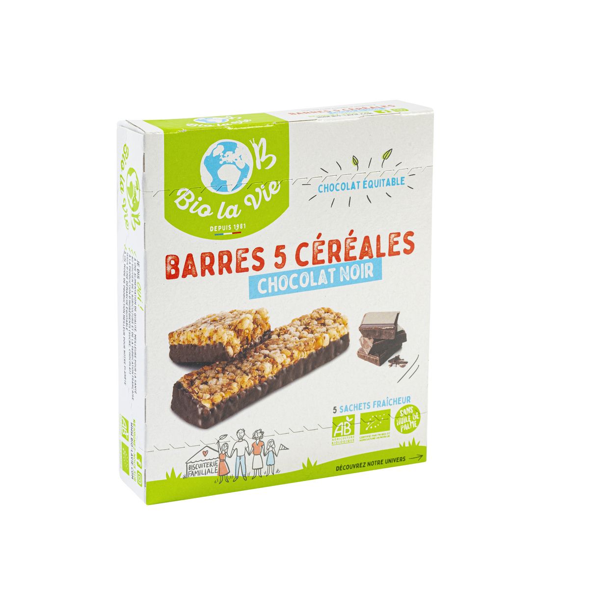 BIO LA VIE Barres bio 5 céréales nappées de chocolat noir sachets fraîcheurs 5 barres 130g