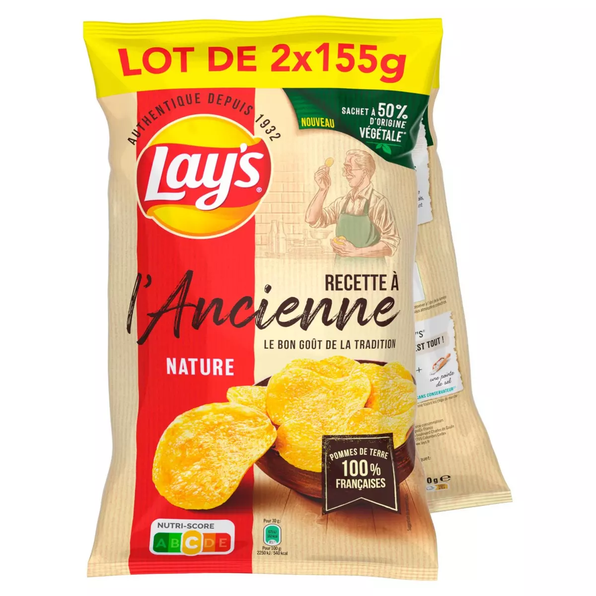 LAY'S Chips à l'ancienne nature lot de 2 2x155g