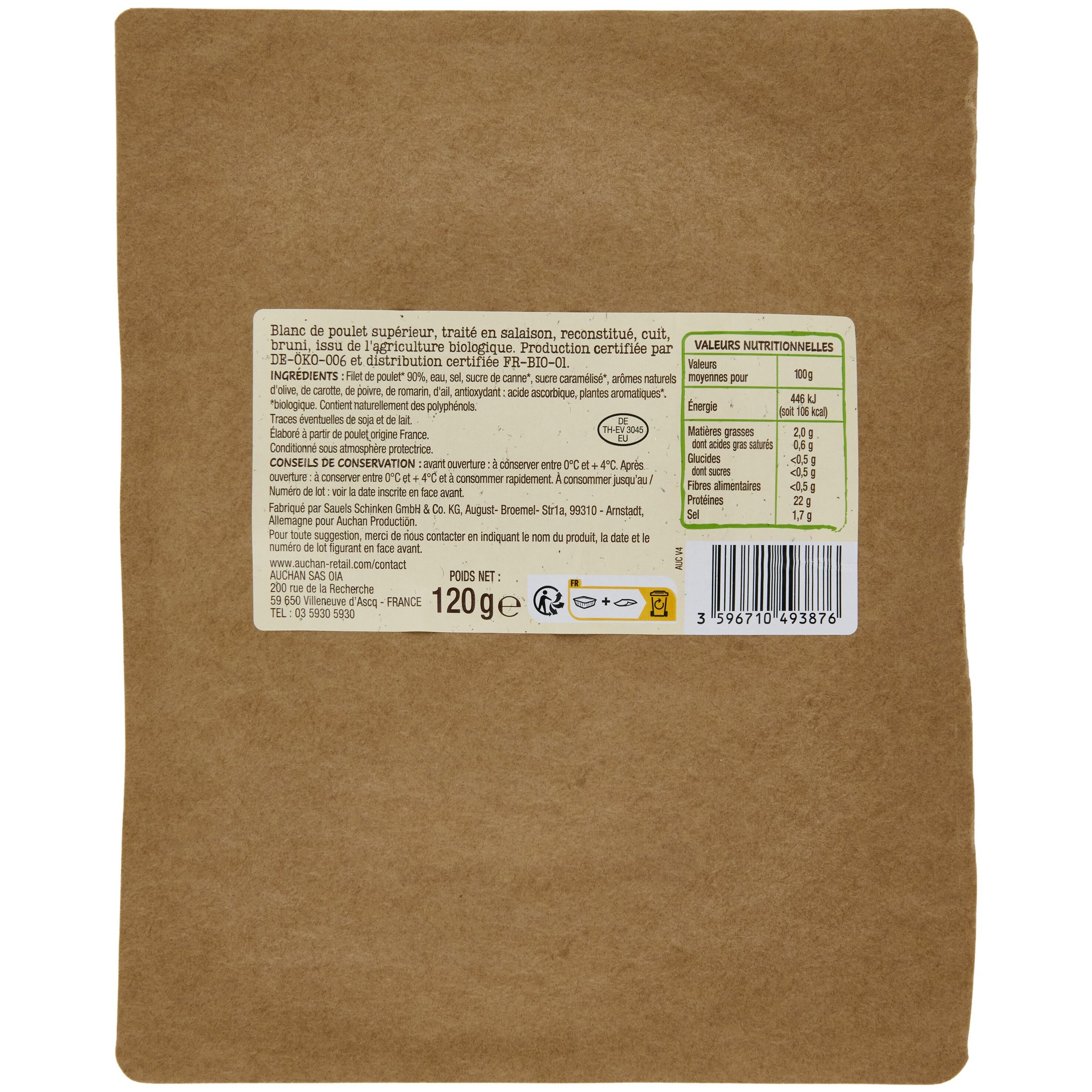 Voir la diapositive 2 : AUCHAN BIO Blanc de poulet sans nitrite 4 tranches 120g