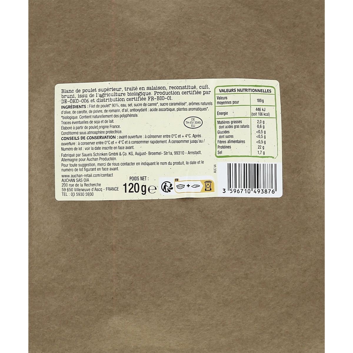 AUCHAN BIO Blanc de poulet sans nitrite 4 tranches 120g