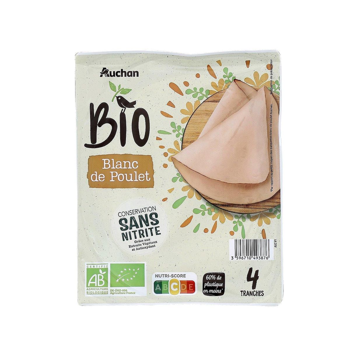 AUCHAN BIO Blanc de poulet sans nitrite 4 tranches 120g