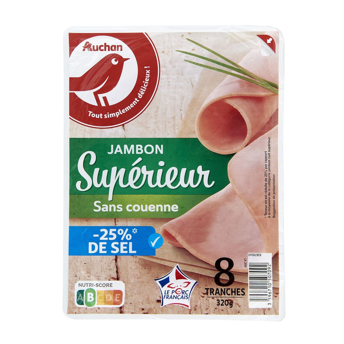 AUCHAN Jambon supérieur réduit en sel 8 tranches 320g