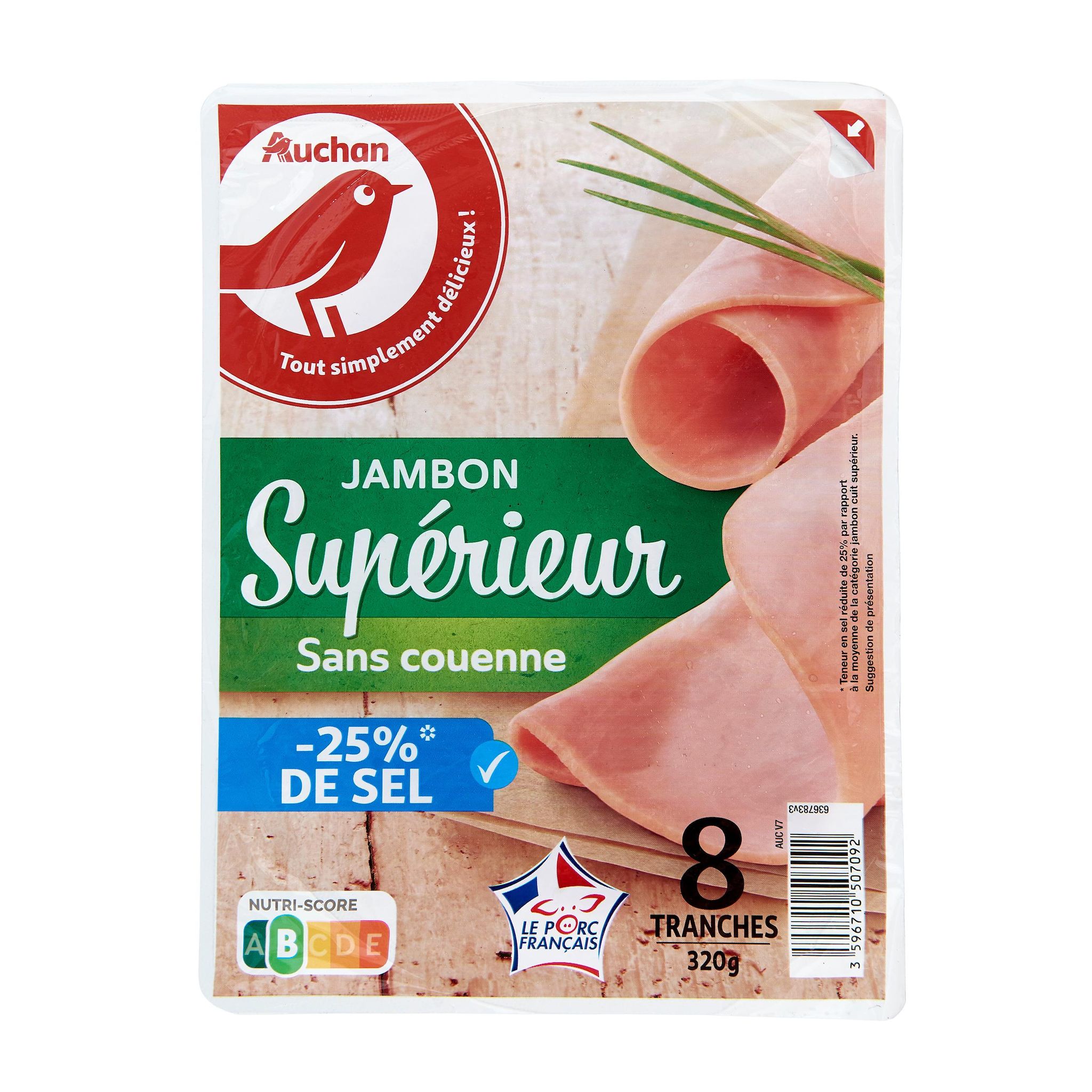 Voir la diapositive 2 : AUCHAN Jambon supérieur réduit en sel 8 tranches 320g