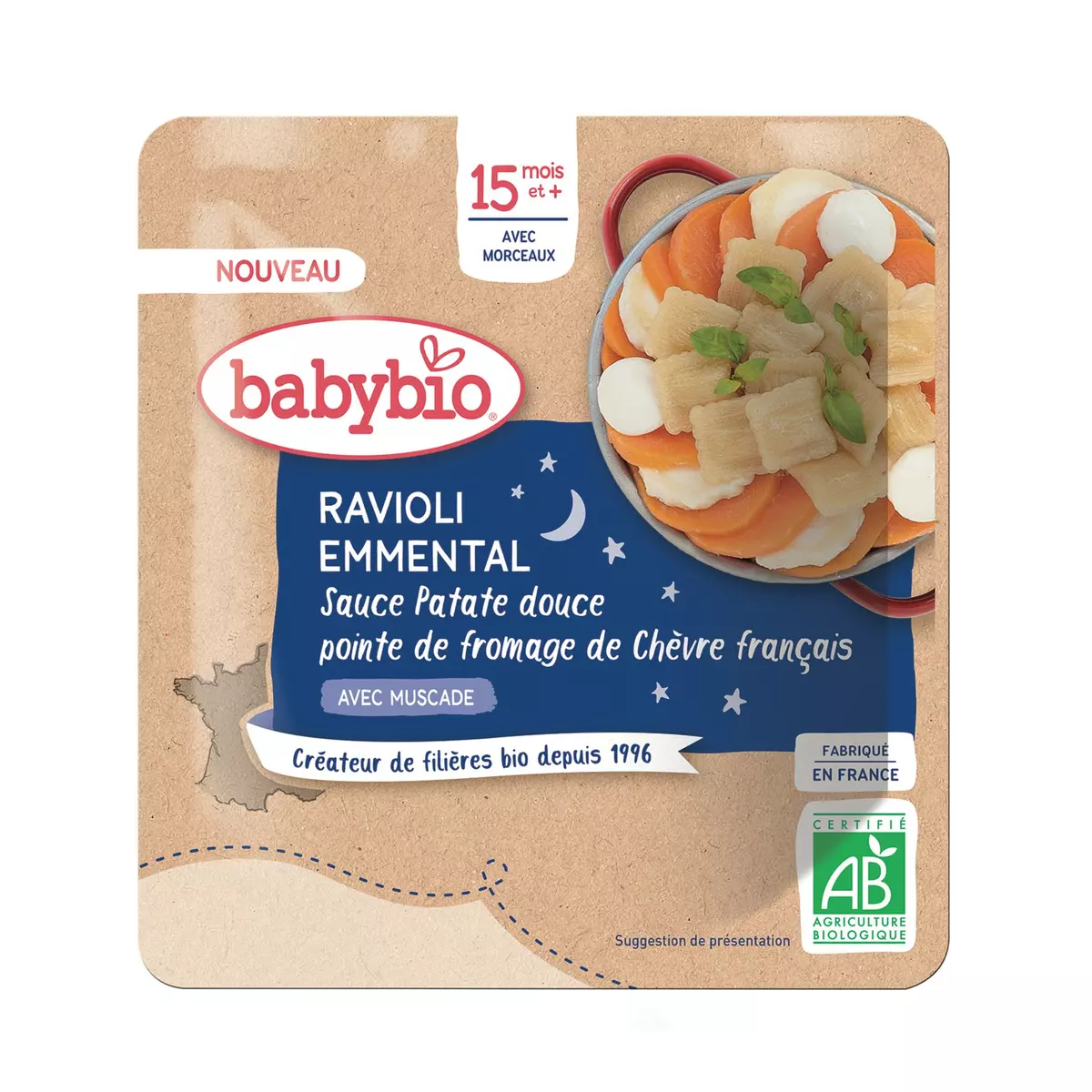 BABYBIO Assiette ravioli emmental sauce patate douce fromage de chèvre bio dès 15 mois 200g
