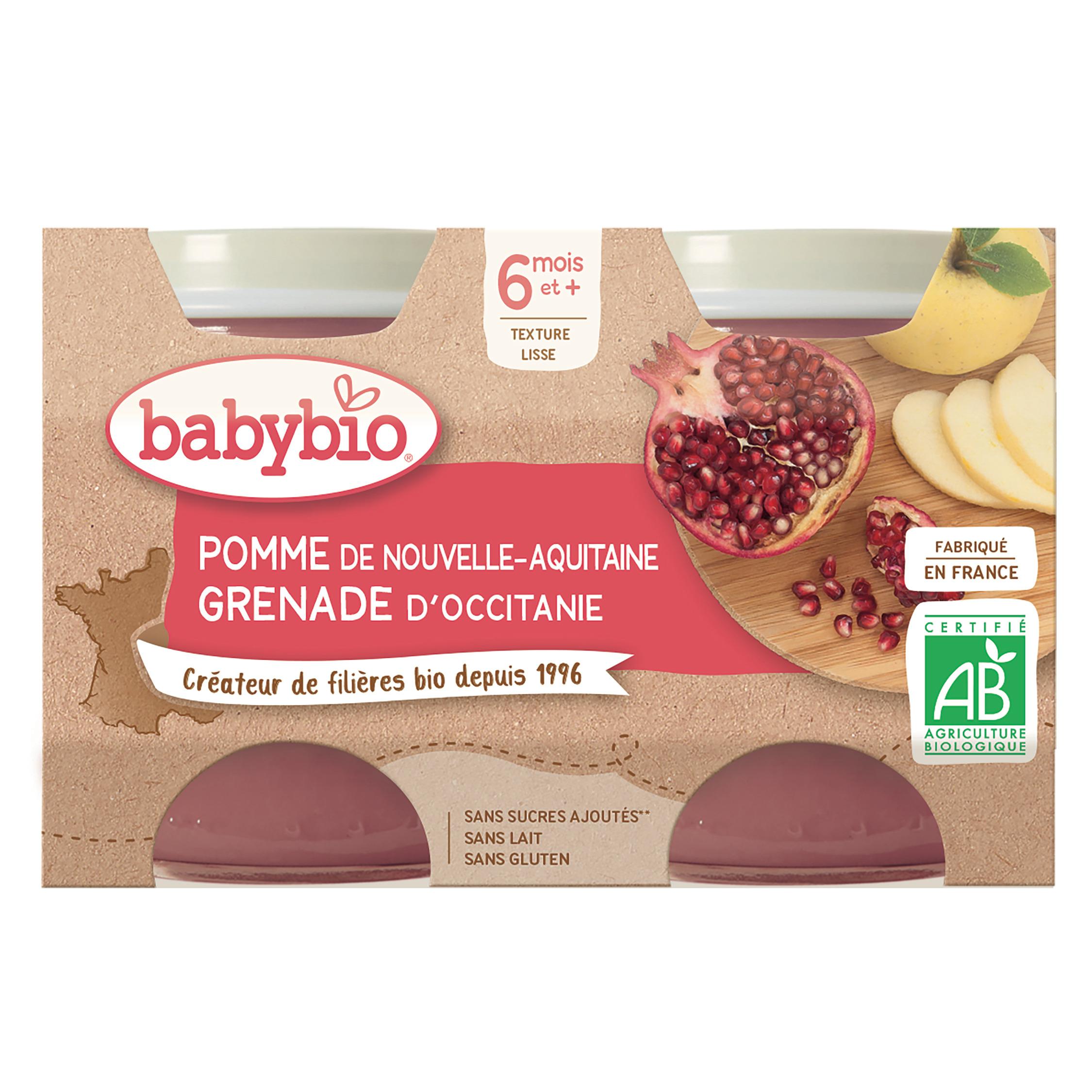 Voir la diapositive 2 : BABYBIO Petit pot pomme de Nouvelle-Aquitaine et grenade d'Occitanie bio dès 6 mois 2x130g