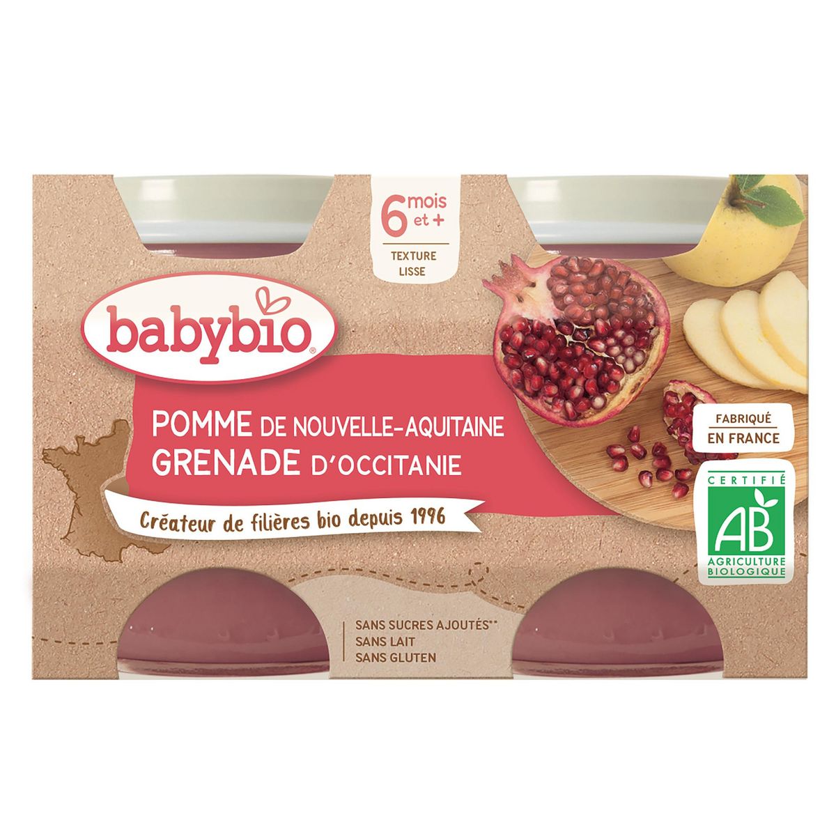 BABYBIO Petit pot pomme de Nouvelle-Aquitaine et grenade d'Occitanie bio dès 6 mois 2x130g