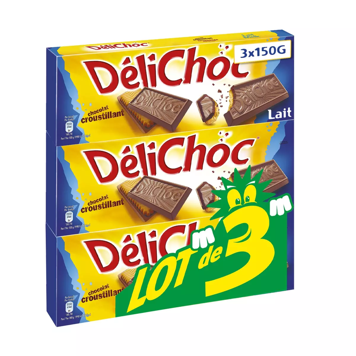 DELICHOC Biscuits sablés nappés de chocolat au lait croustillant 3x150g