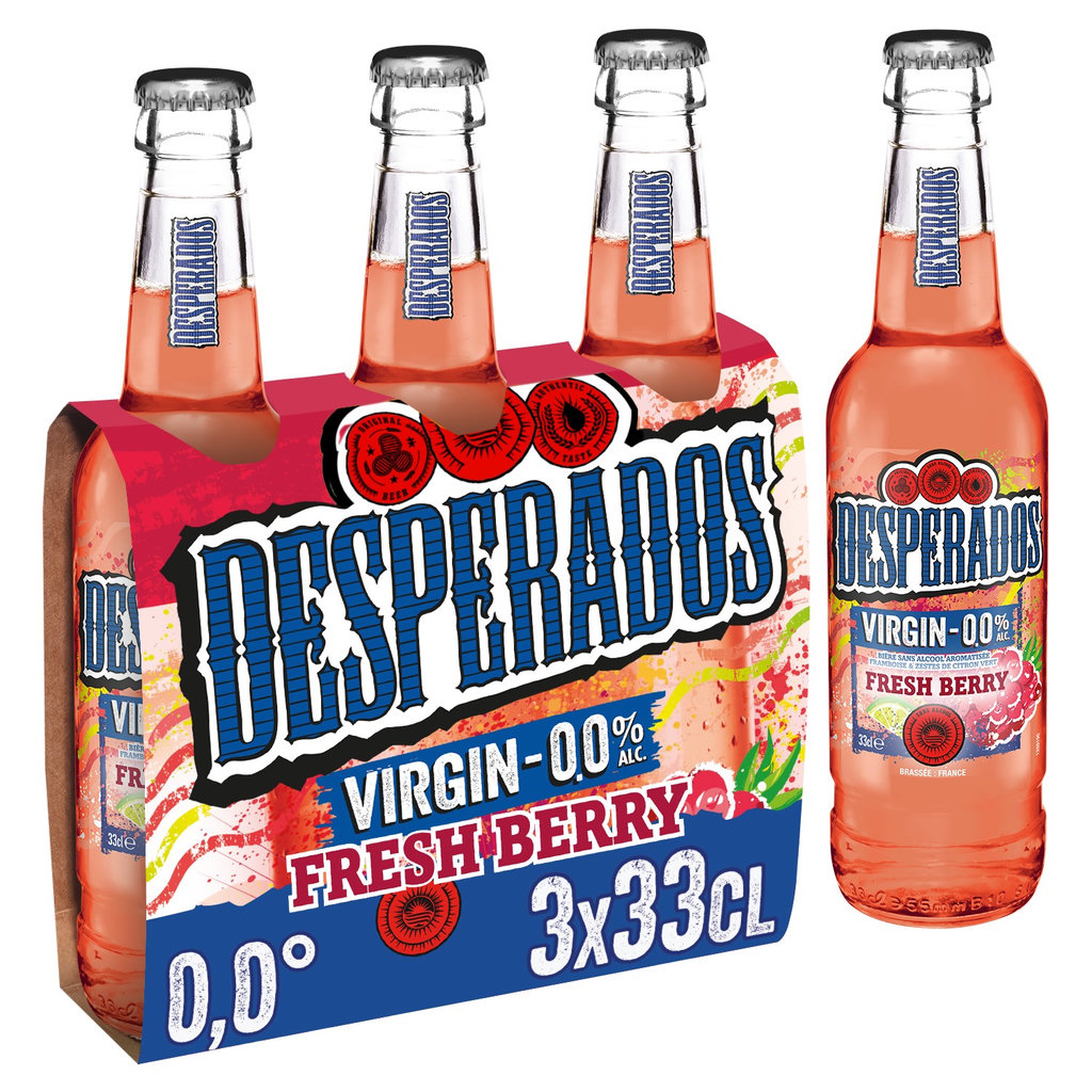 DESPERADOS Bière Red aromatisée framboise & zestes de citron vert fresh berry virgin 0.0% bouteilles 3x33cl