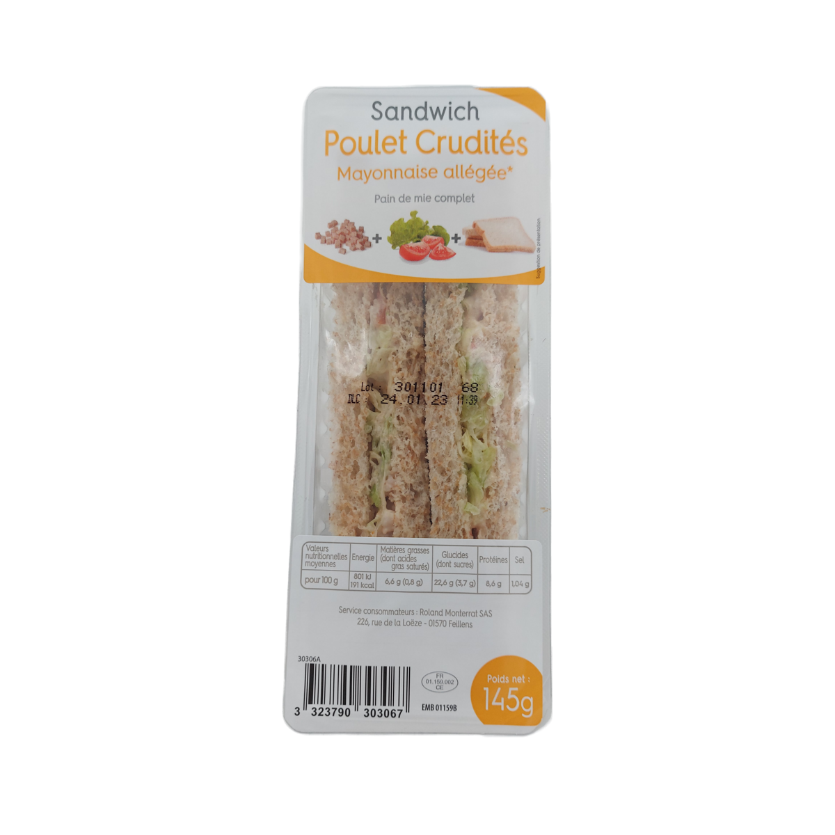 Sandwich poulet crudités mayonnaise allégée 145g