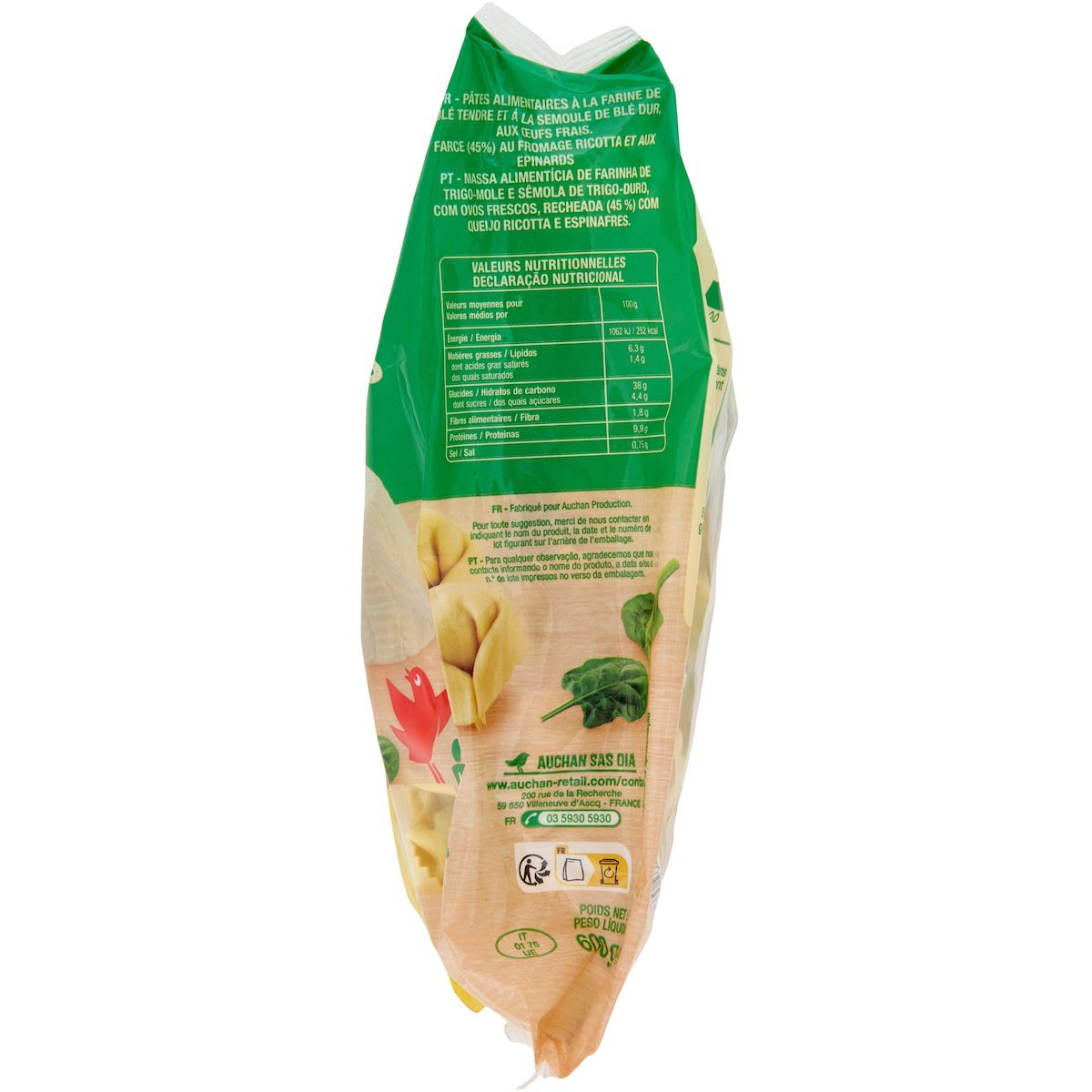 AUCHAN Tortellini ricotta épinards 4 parts 600g