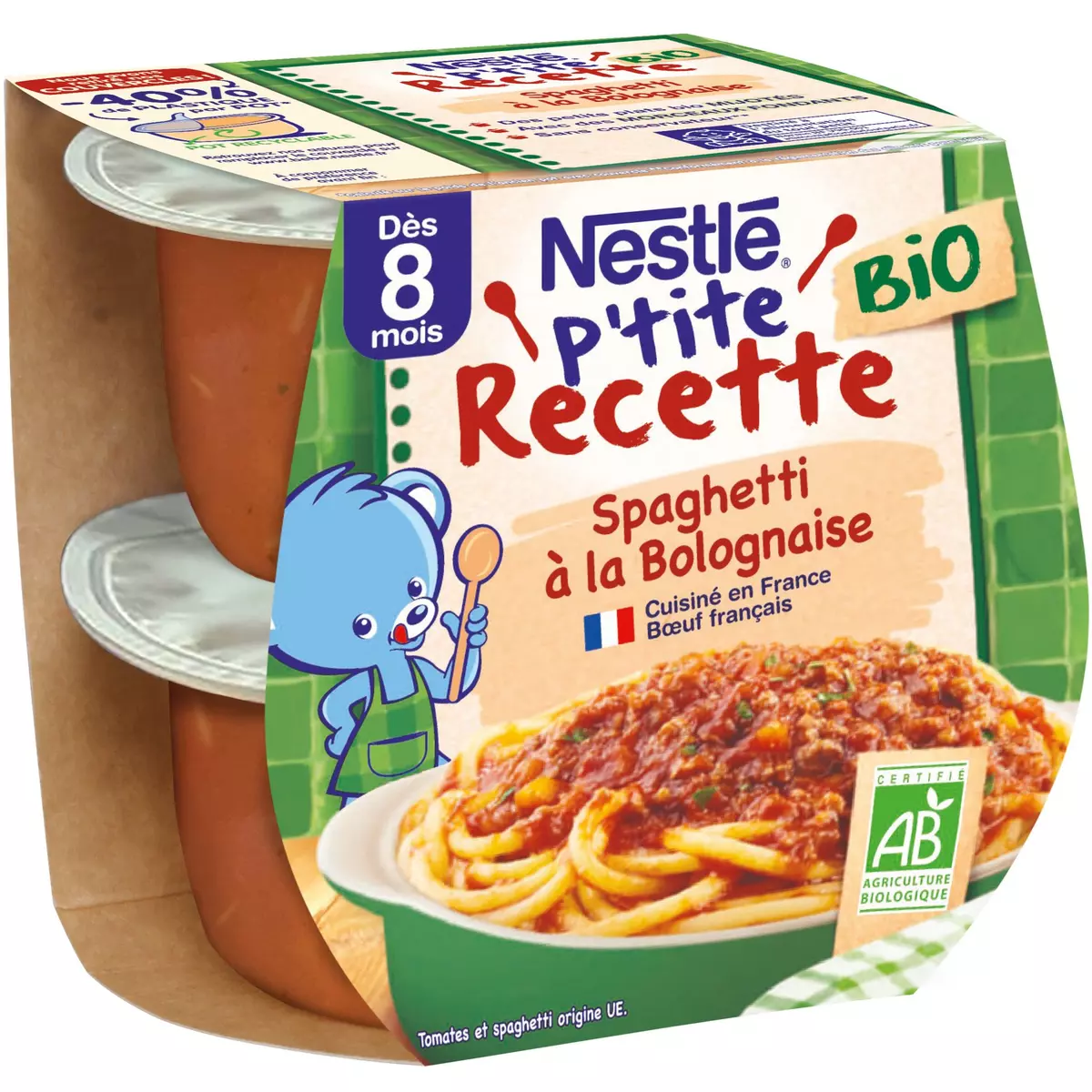 NESTLE P'tite recette bio spaghetti à la bolognaise dès 8mois 190g