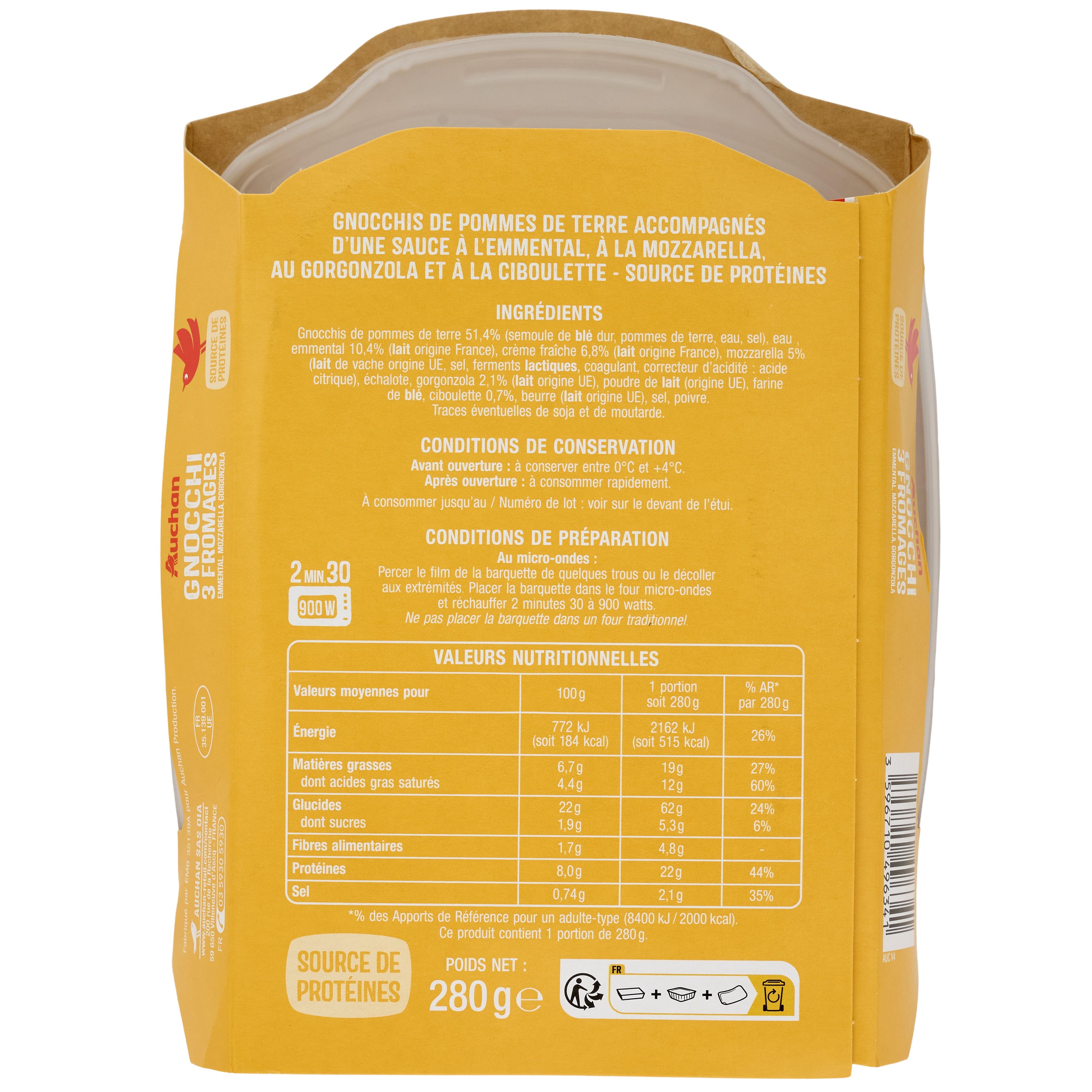 Voir la diapositive 2 : AUCHAN Gnocchis aux 3 fromages 1 part 280g