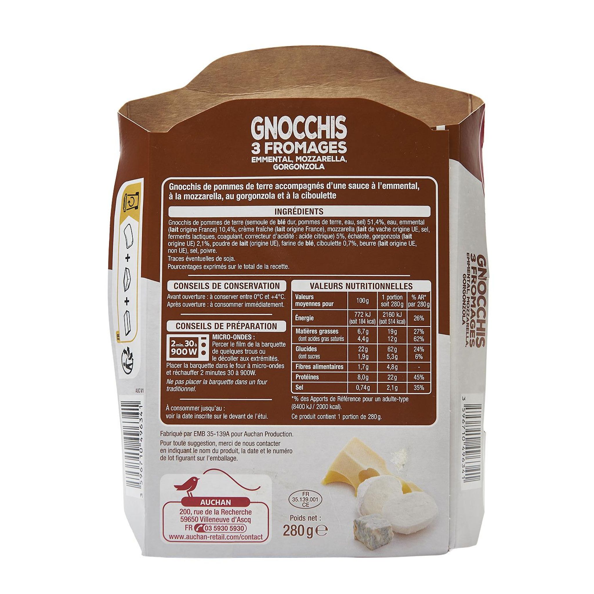 Voir la diapositive 3 : AUCHAN Gnocchis aux 3 fromages 1 part 280g