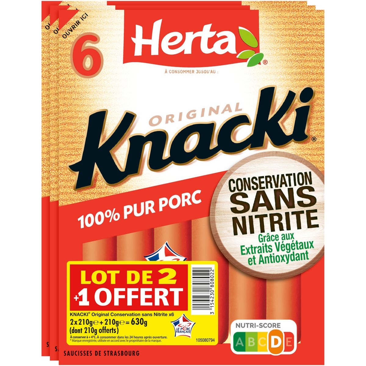 HERTA Knacki pur porc 630g x2+1 offert