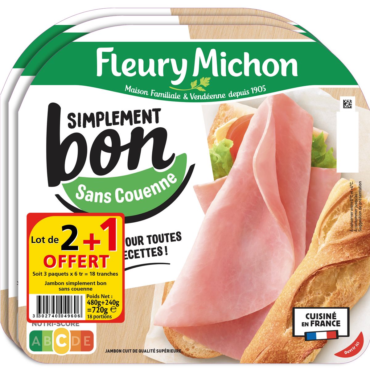 FLEURY MICHON Simplement bon Jambon blanc sans couenne 3x6 tranches 720g