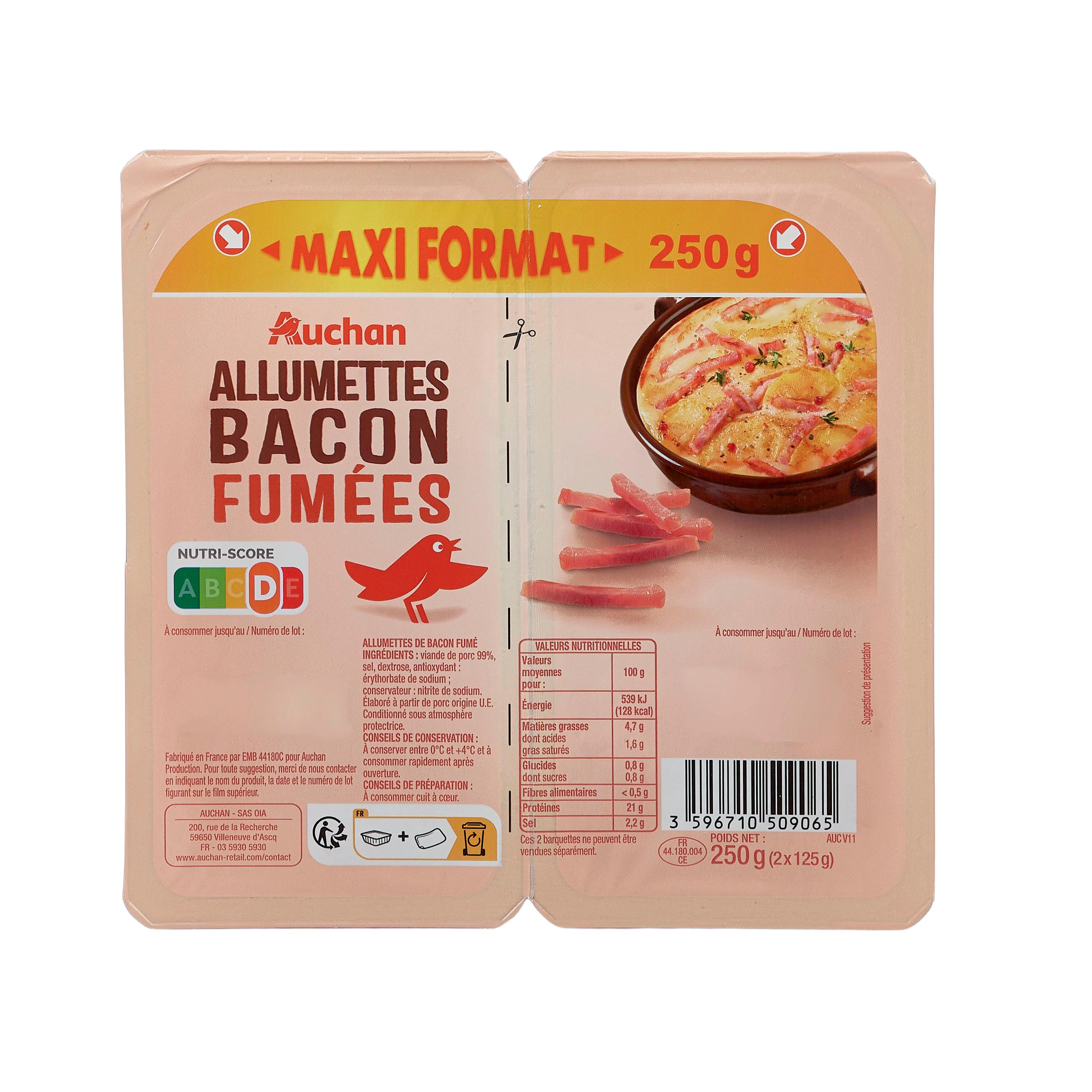 Voir la diapositive 2 : AUCHAN Allumettes bacon fumées 2x125g