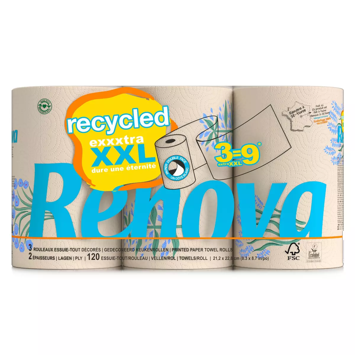 RENOVA Essuie-tout décoré double face recyclé 3 maxi rouleaux