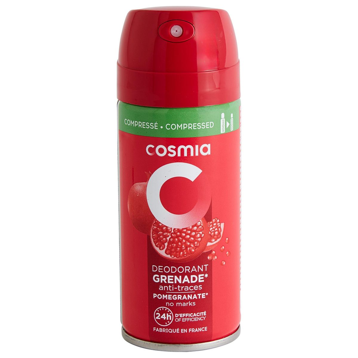 COSMIA Déodorant spray compressé 24h grenade anti-traces sans sels d'aluminium 100ml