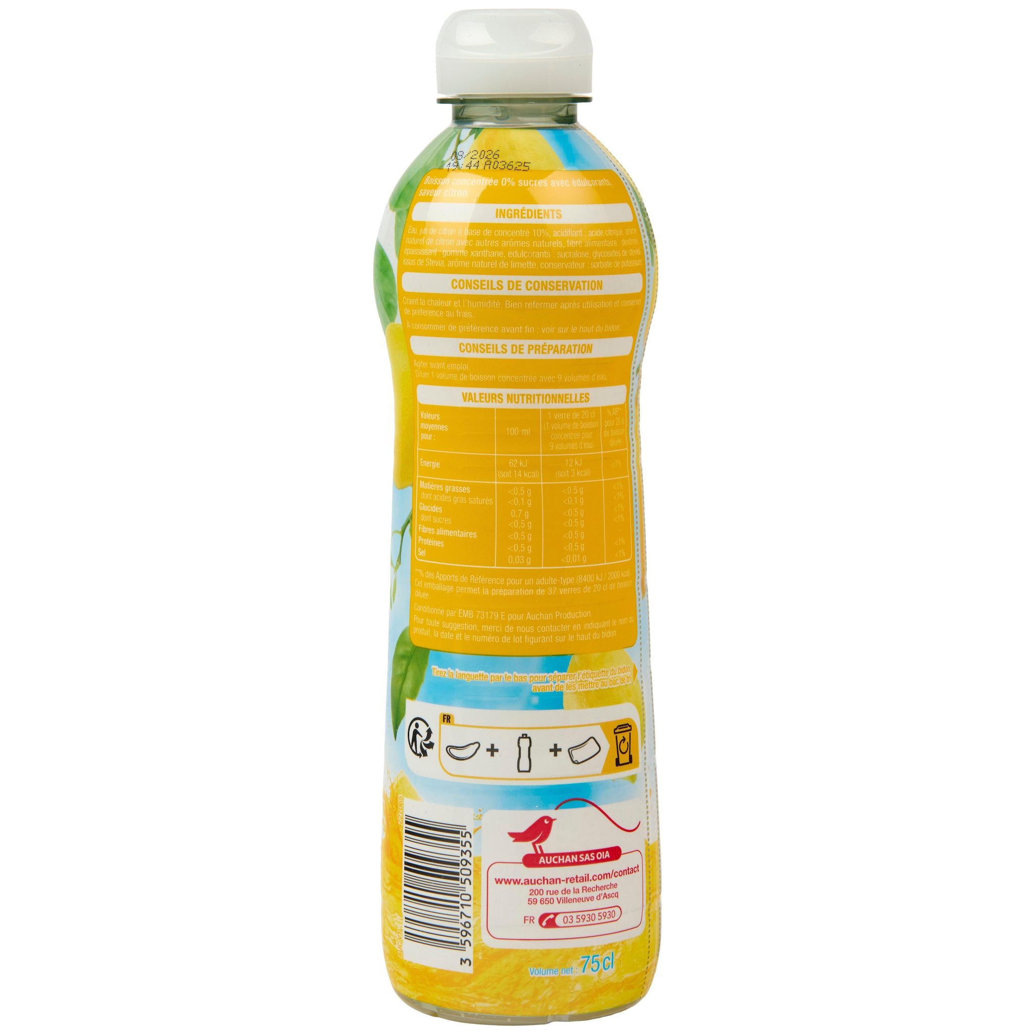 Voir la diapositive 2 : AUCHAN Sirop de citron 0% de sucre 75cl