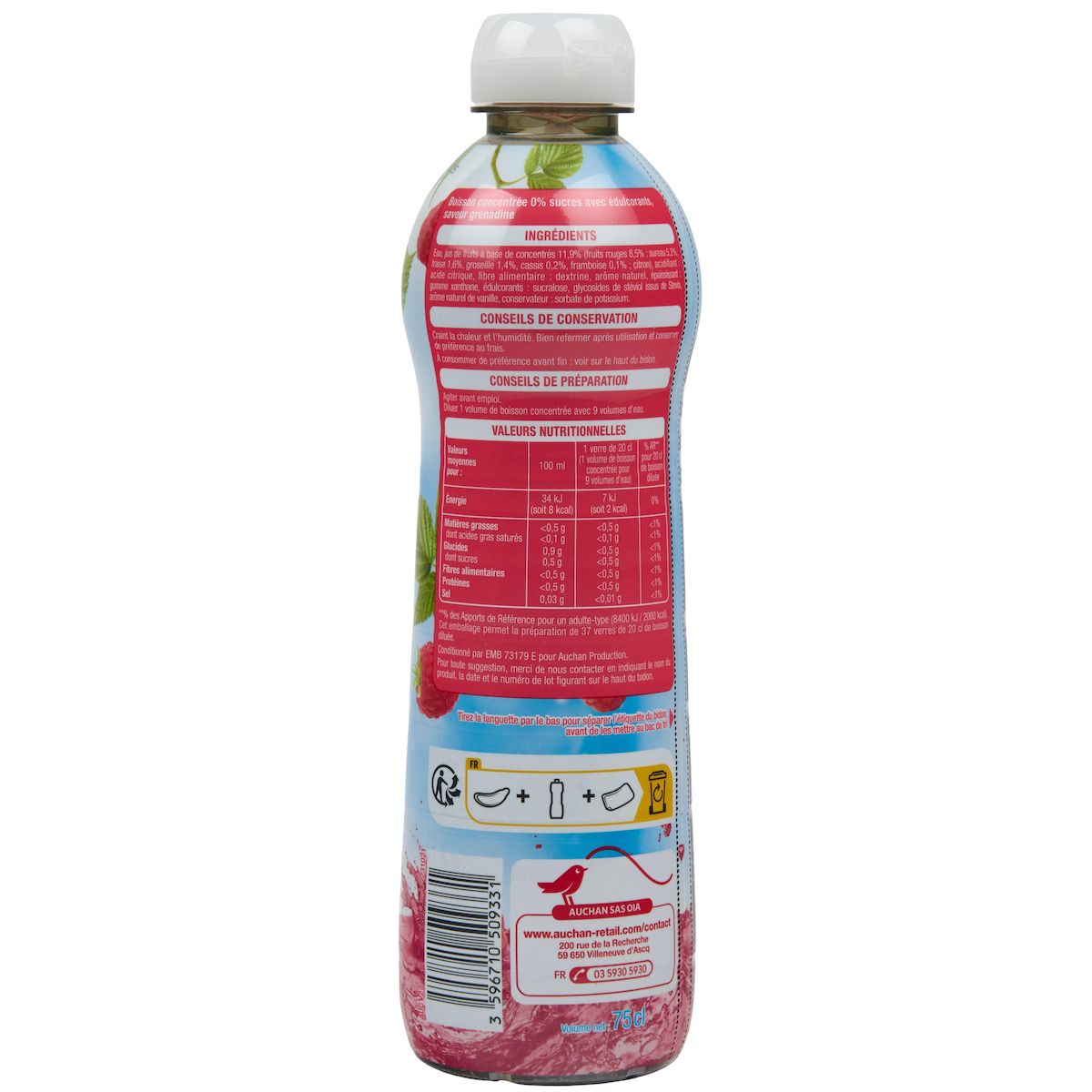 AUCHAN Sirop de grenadine 0% de sucre 75cl