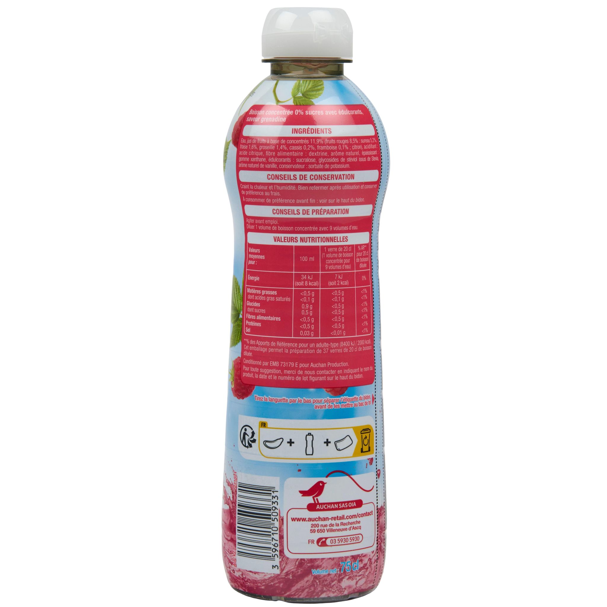 Voir la diapositive 2 : AUCHAN Sirop de grenadine 0% de sucre 75cl