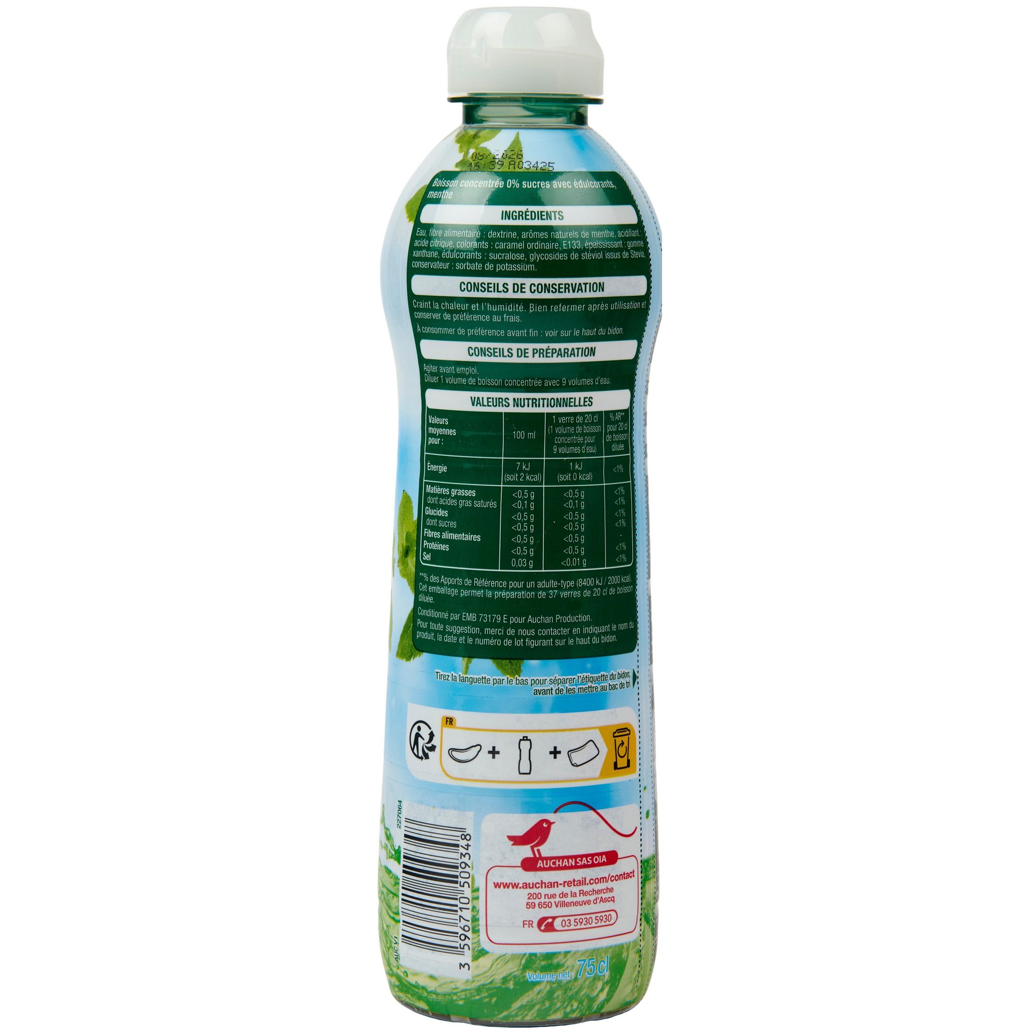 Voir la diapositive 3 : AUCHAN Sirop de menthe 0% de sucre 75cl