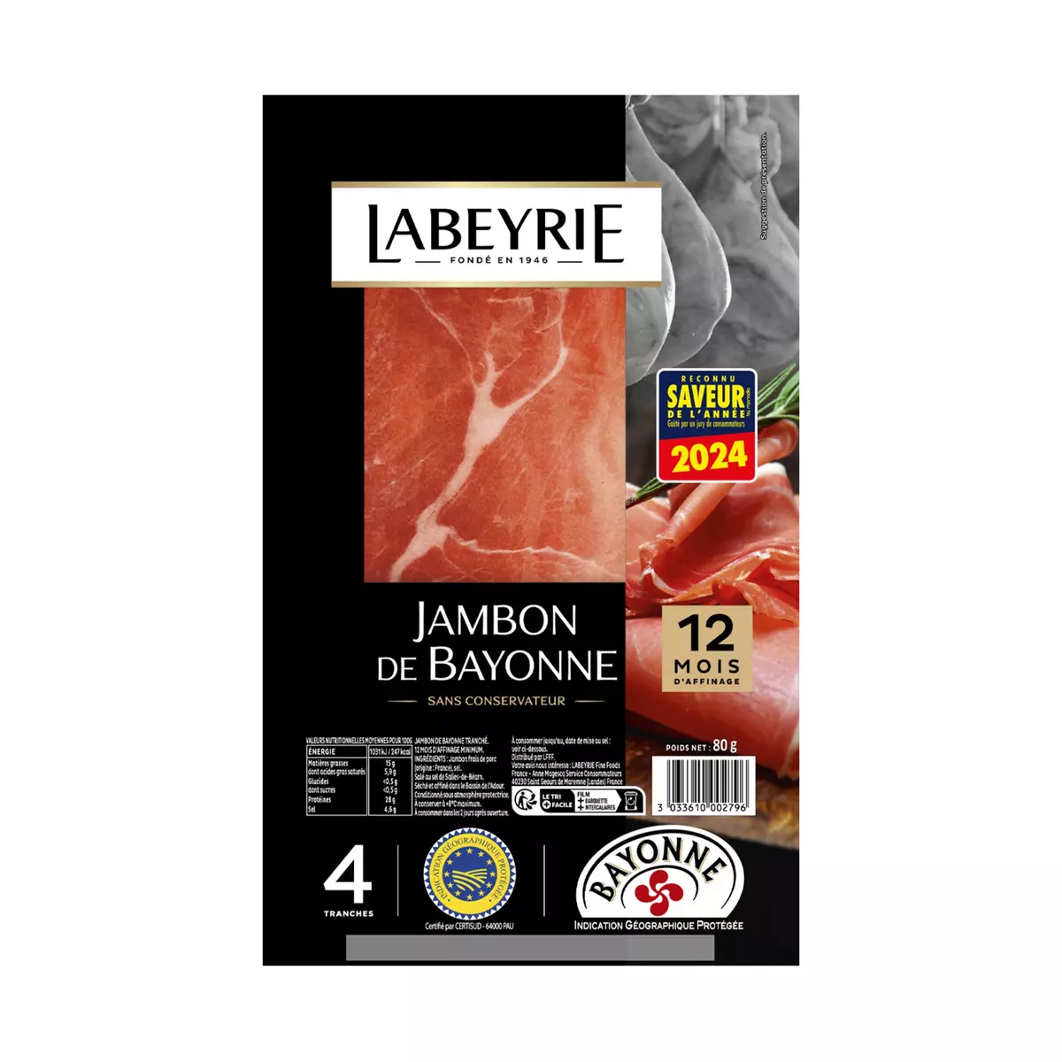 LABEYRIE Jambon de Bayonne IGP 12 mois d'affinage 4 tranches 80g