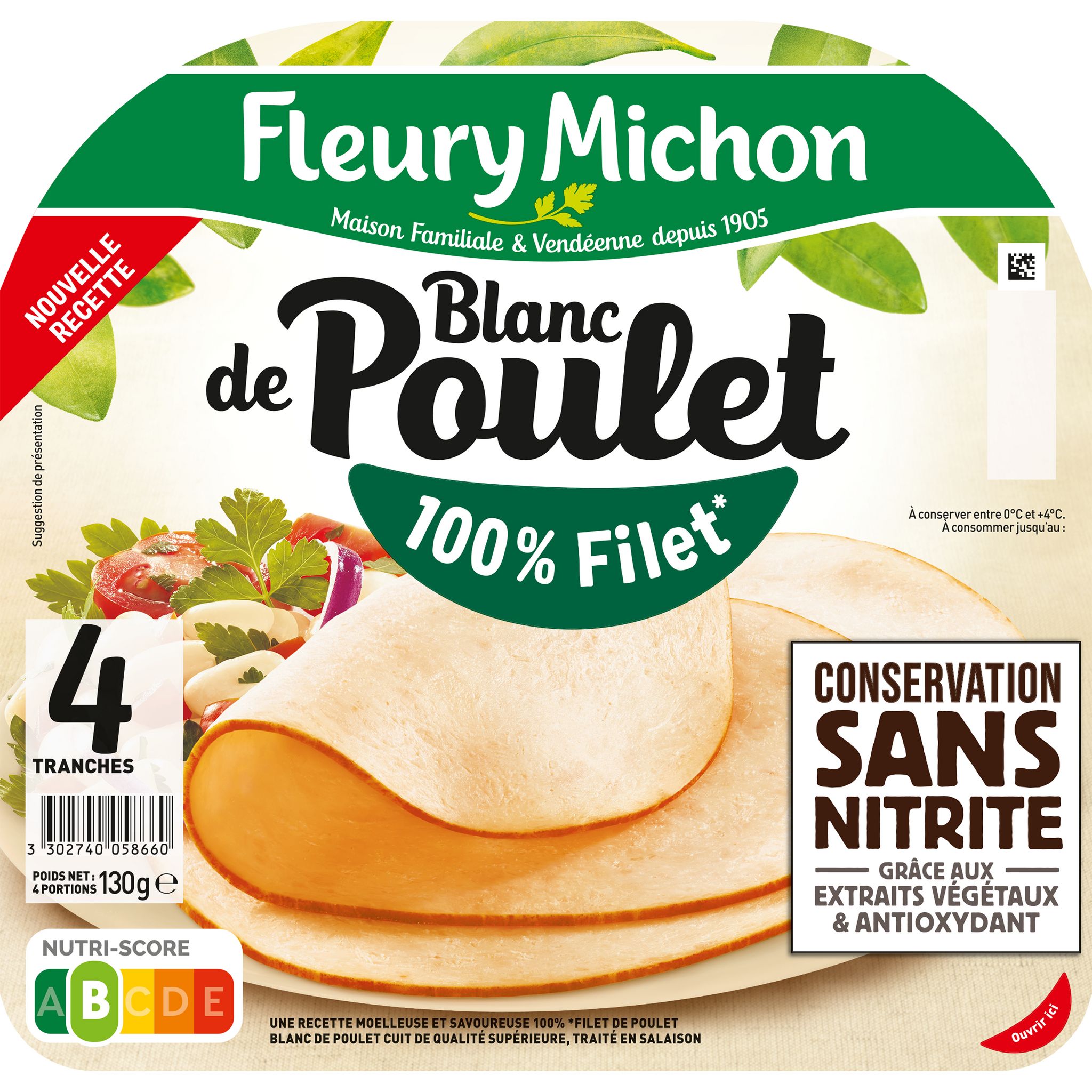 Voir la diapositive 2 : FLEURY MICHON Blanc de poulet sans nitrite 4 tranches 130g