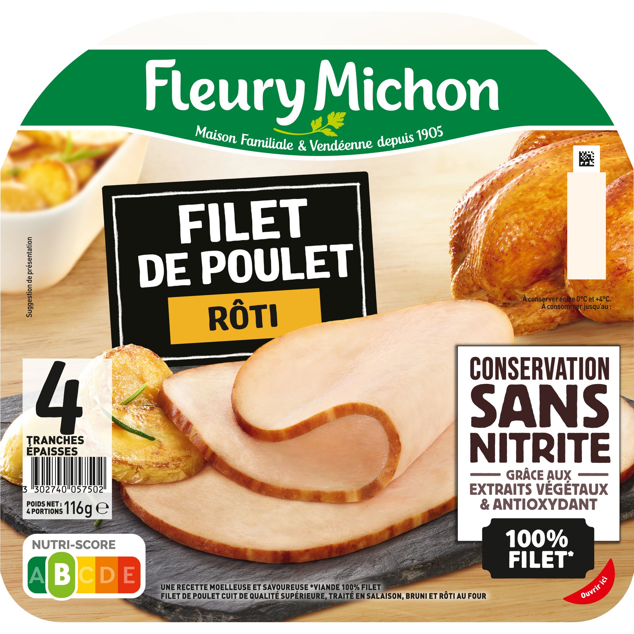 Voir la diapositive 2 : FLEURY MICHON Filet de poulet rôti sans nitrite 4 tranches 116g