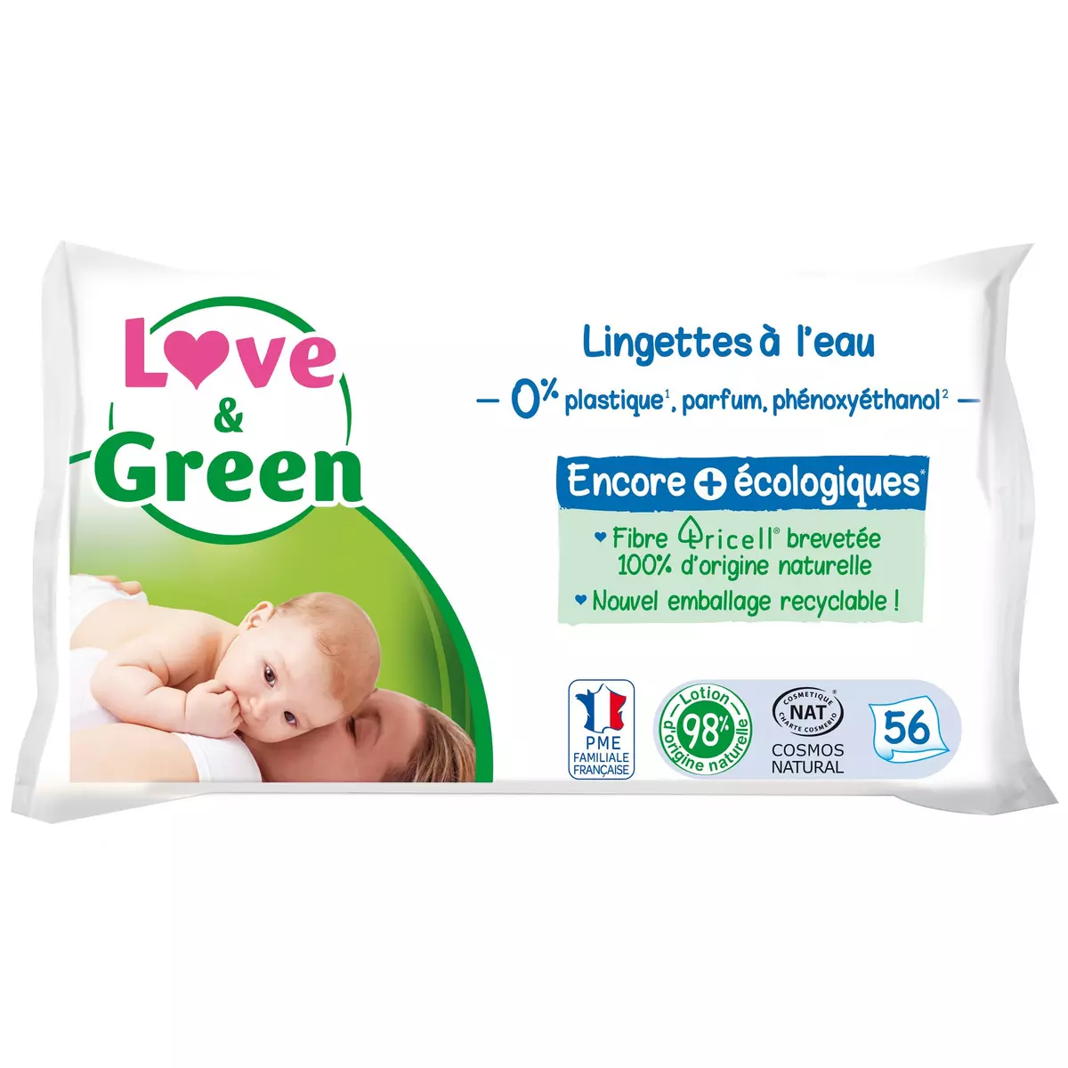 LOVE & GREEN Lingettes nettoyantes à l'eau pour bébé 56 lingettes