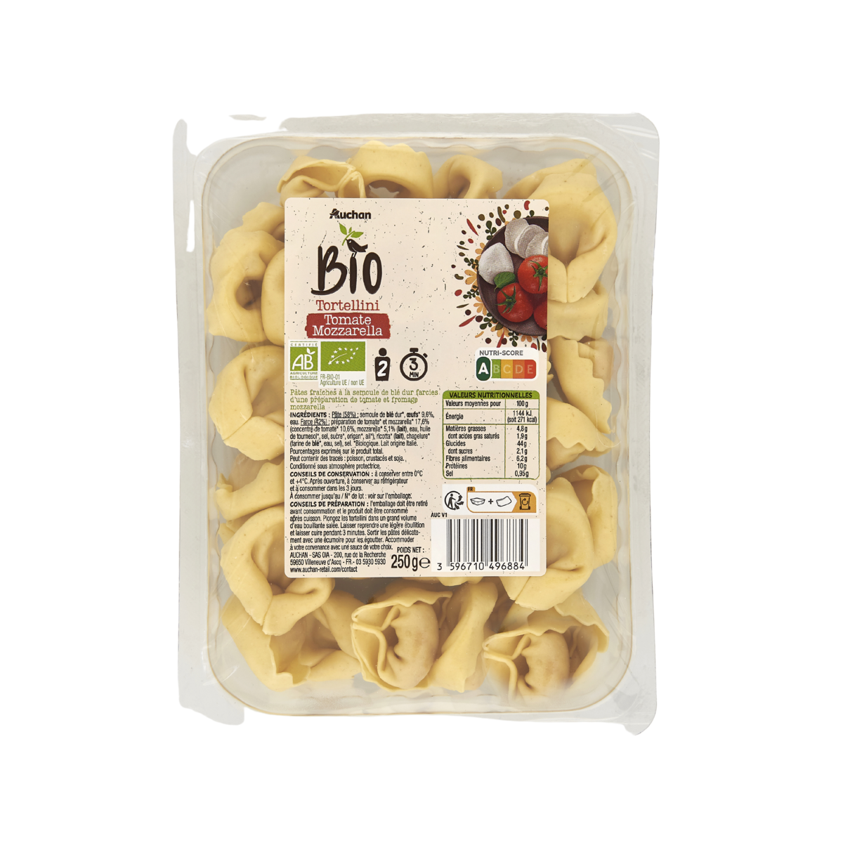 AUCHAN BIO Tortellini tomate mozzarella 2 portions 250g
