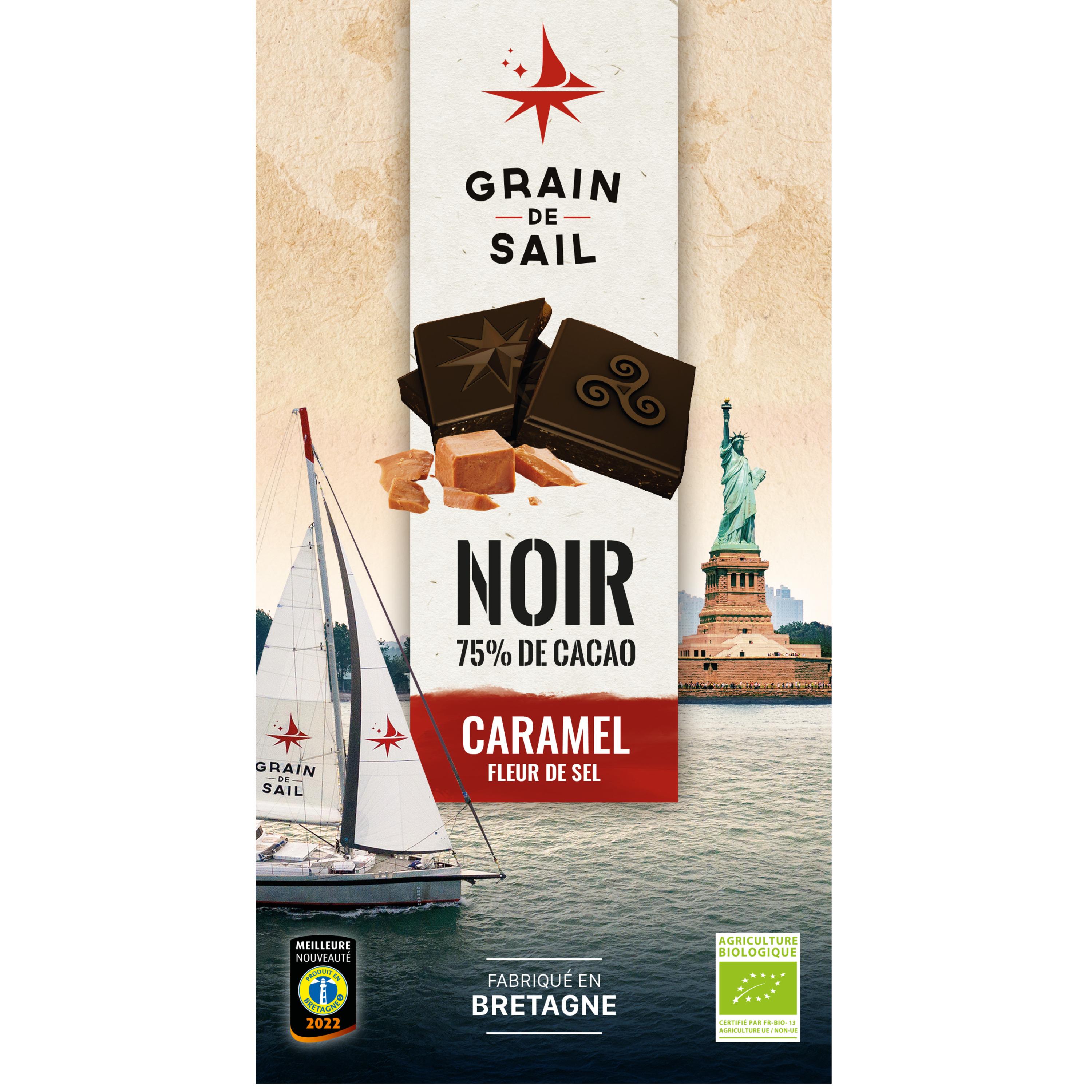 GRAIN DE SAIL Tablette de chocolat noir bio 75% cacao au caramel fleur de sel 100g