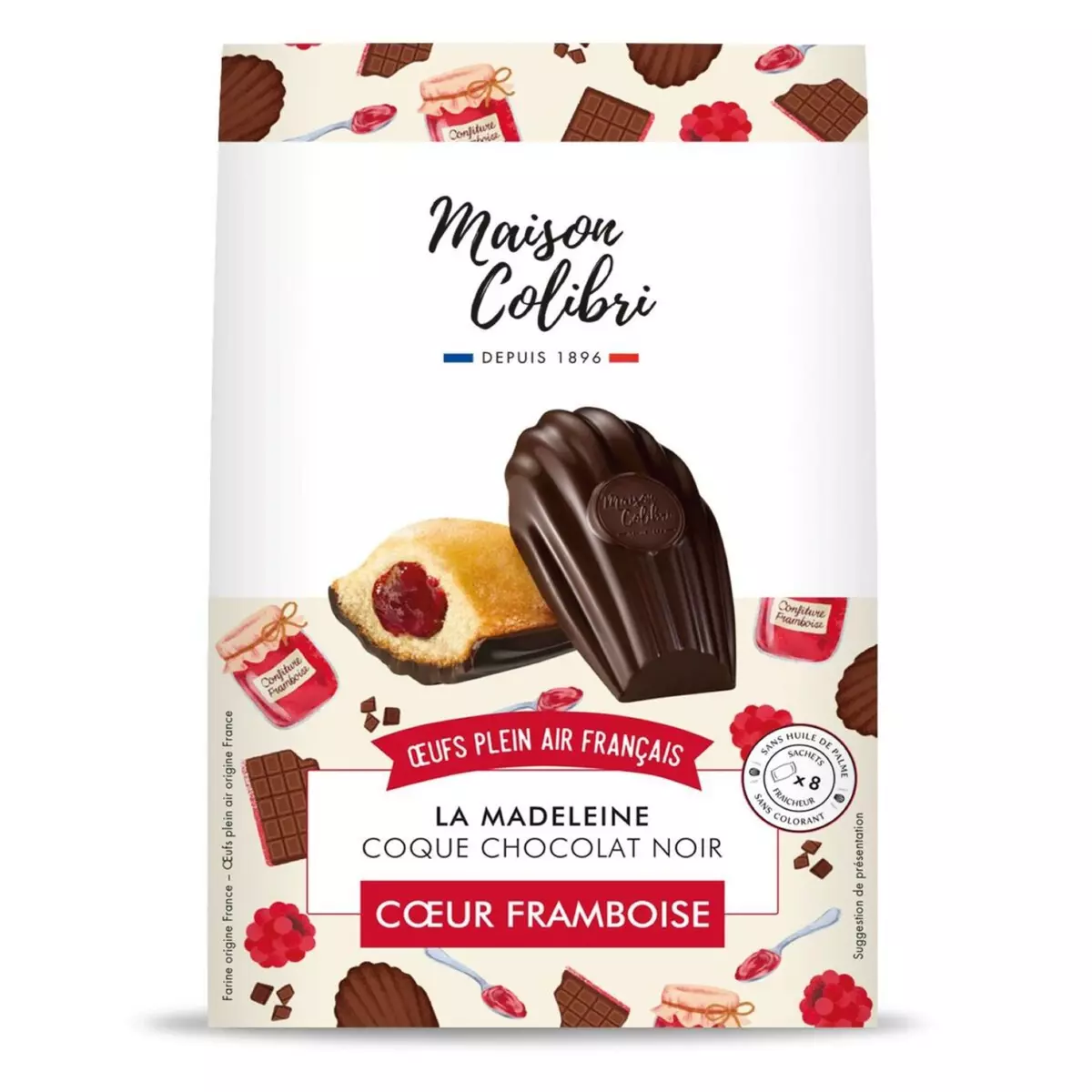 MAISON COLIBRI Madeleine coque chocolat noir coeur framboise 8 sachets 240g